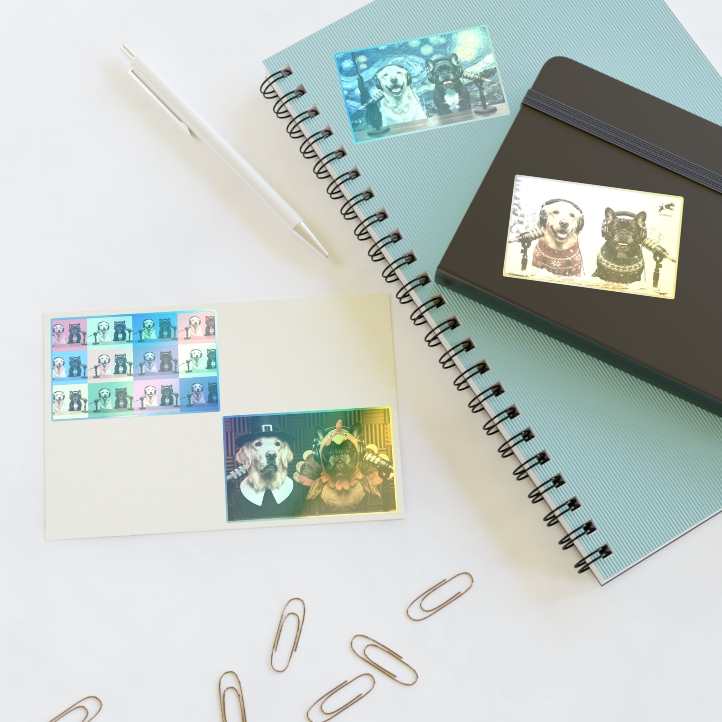 Goldie & Frenchie — Sheet of 4 Popular Stickers with backgrounds, Warhol, Van Gogh, Winter, Thanksgiving