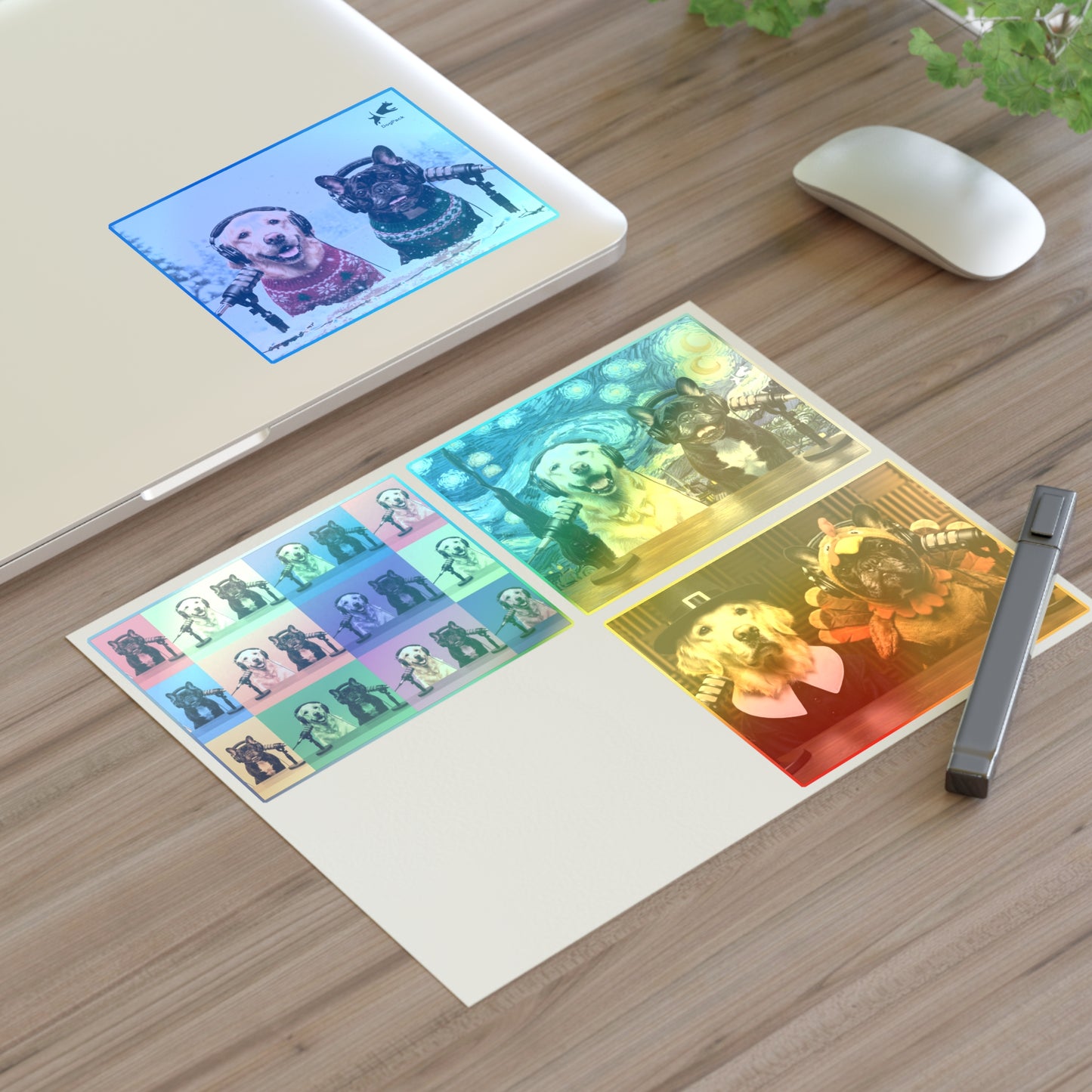 Goldie & Frenchie — Sheet of 4 Popular Stickers with backgrounds, Warhol, Van Gogh, Winter, Thanksgiving