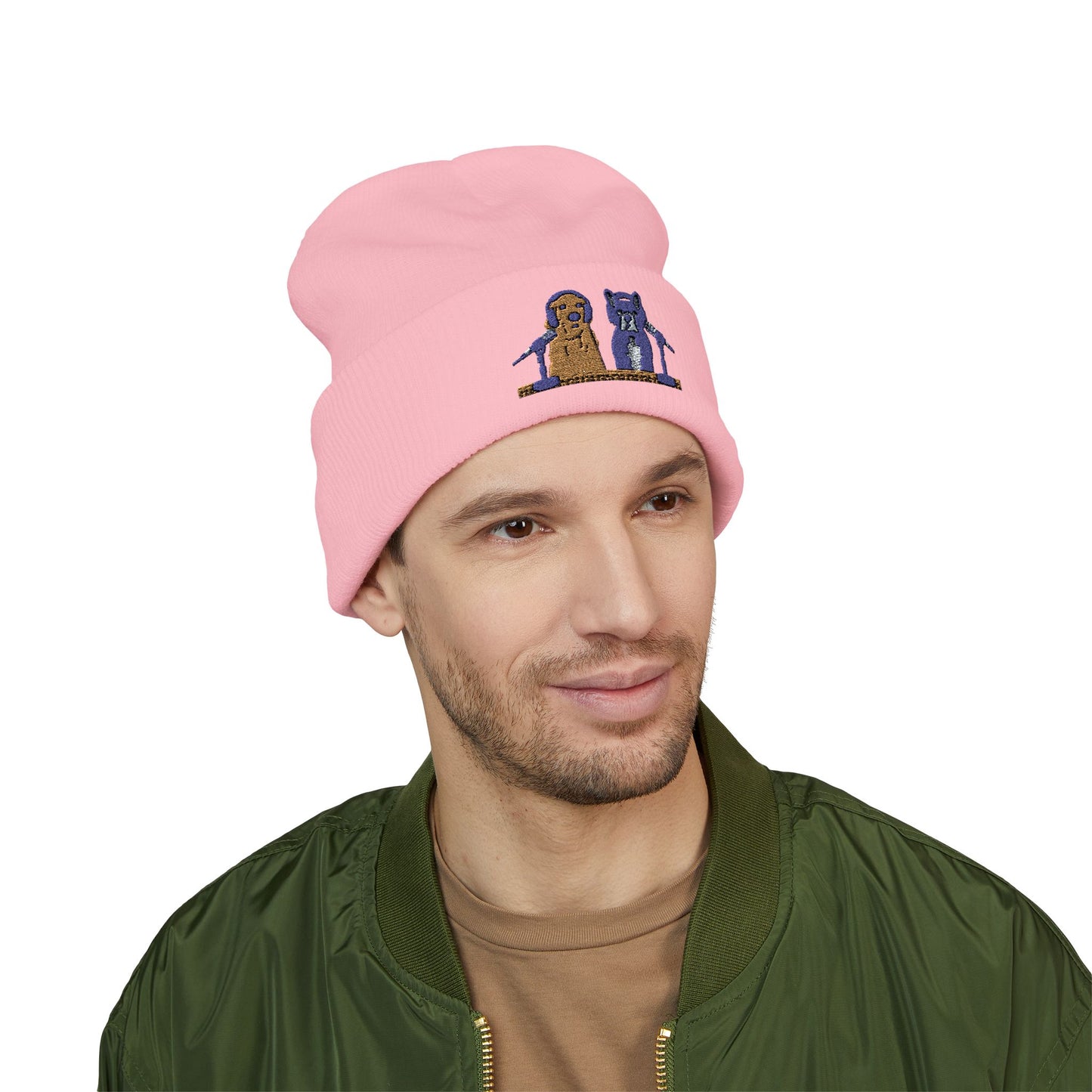 Embroidered Goldie & Frenchie Cuffed Beanie – Cozy Winter Hat with Cute Design