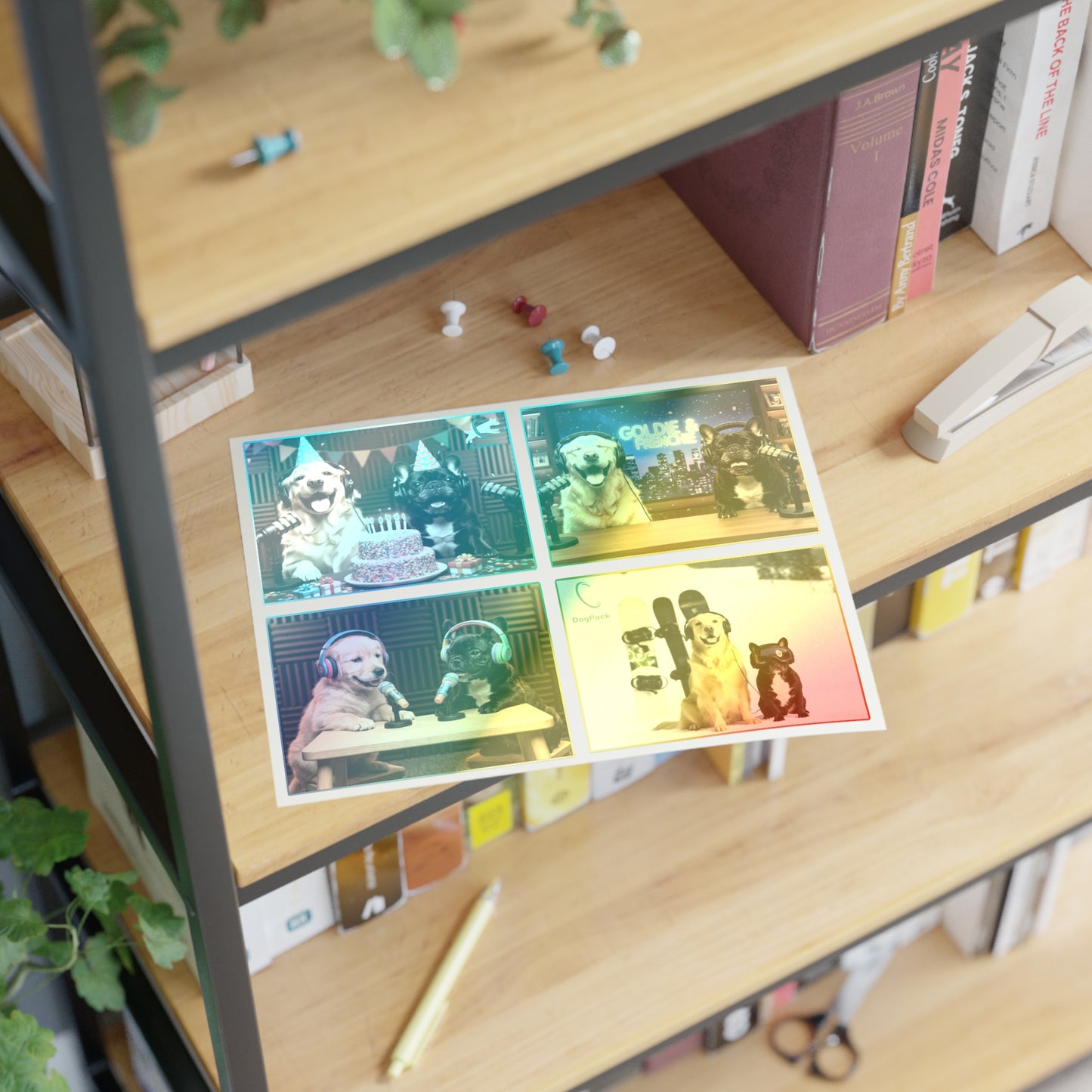 Goldie & Frenchie — Sheet of 4 Popular Stickers with backgrounds, Celebration, Talk Show, Snowboarding, Puppies