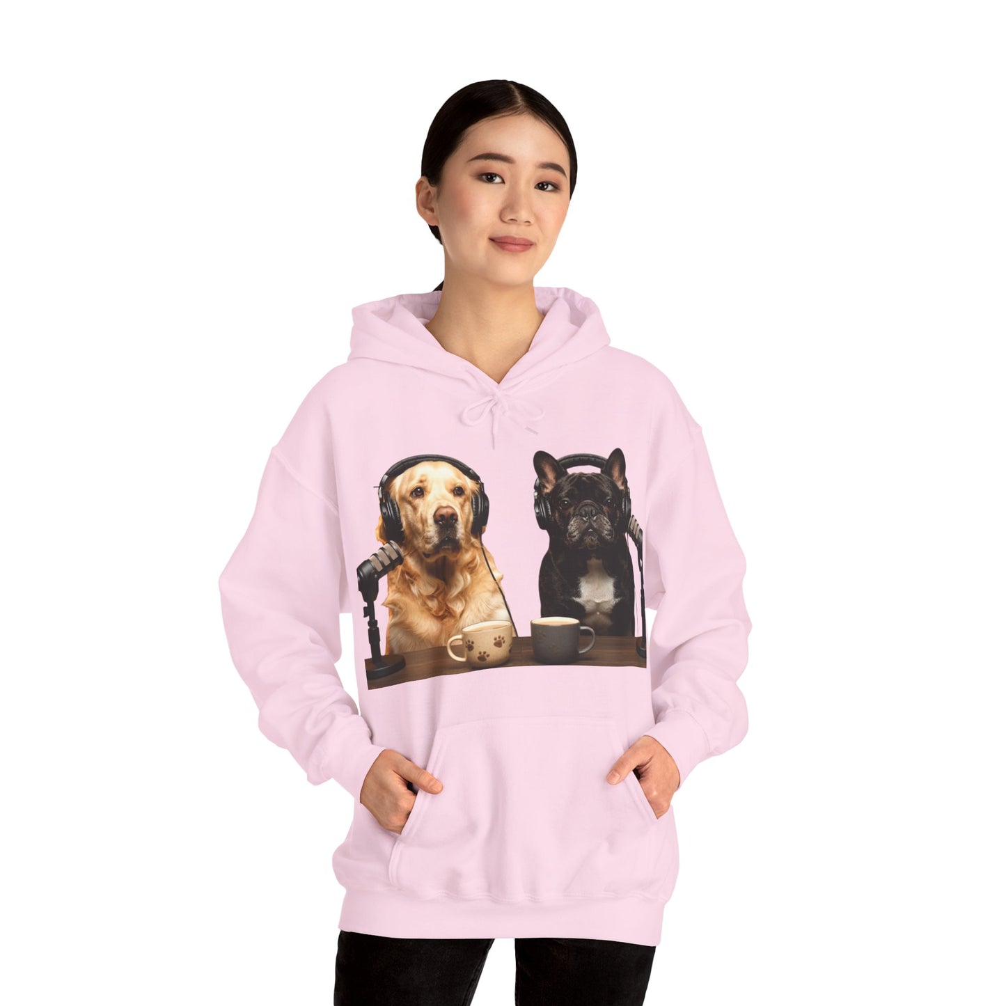 Goldie & Frenchie Dog Podcast with Coffee Mugs Hoodie — Front & Back Print - Ships from United Kingdom