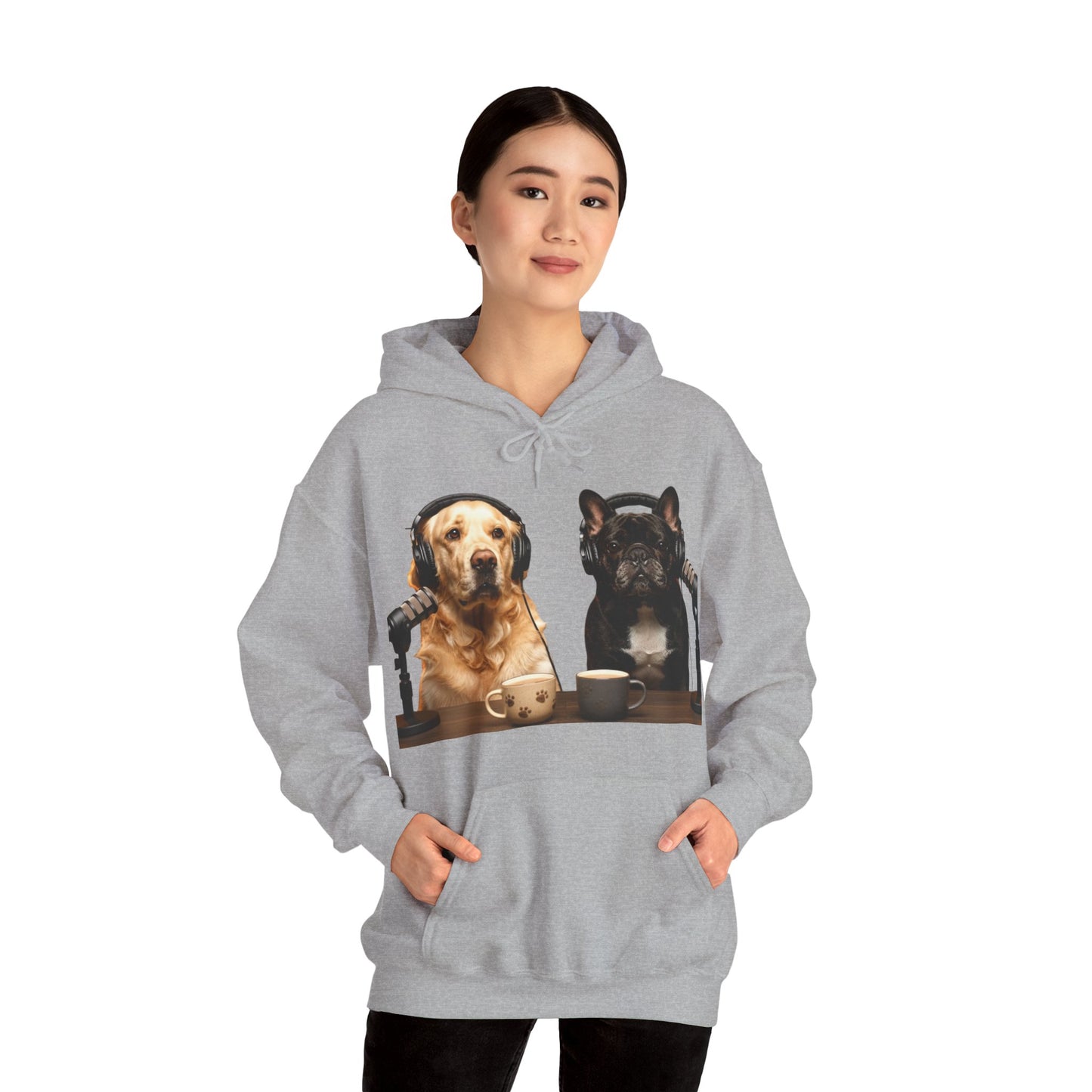 Goldie & Frenchie Dog Podcast with Coffee Mugs Hoodie — Front & Back Print - Ships from United Kingdom