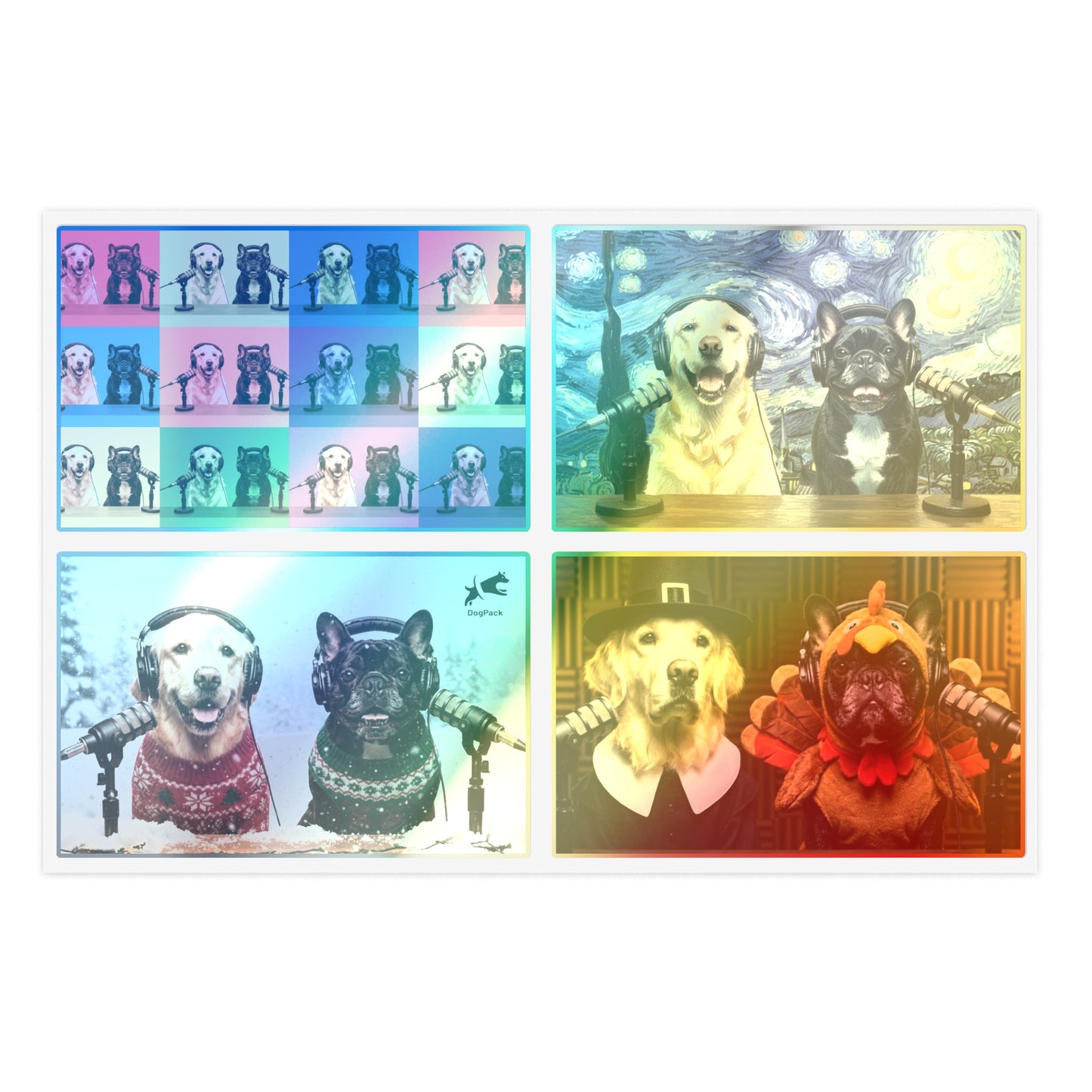 Goldie & Frenchie — Sheet of 4 Popular Stickers with backgrounds, Warhol, Van Gogh, Winter, Thanksgiving