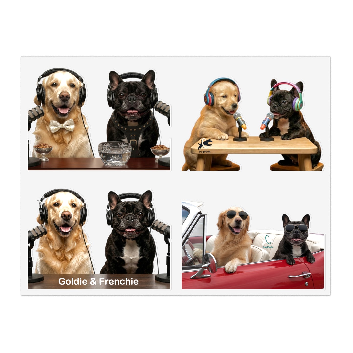 Goldie & Frenchie — Sheet of 4 Popular Stickers , Fancy, Puppies, Classic, Driving