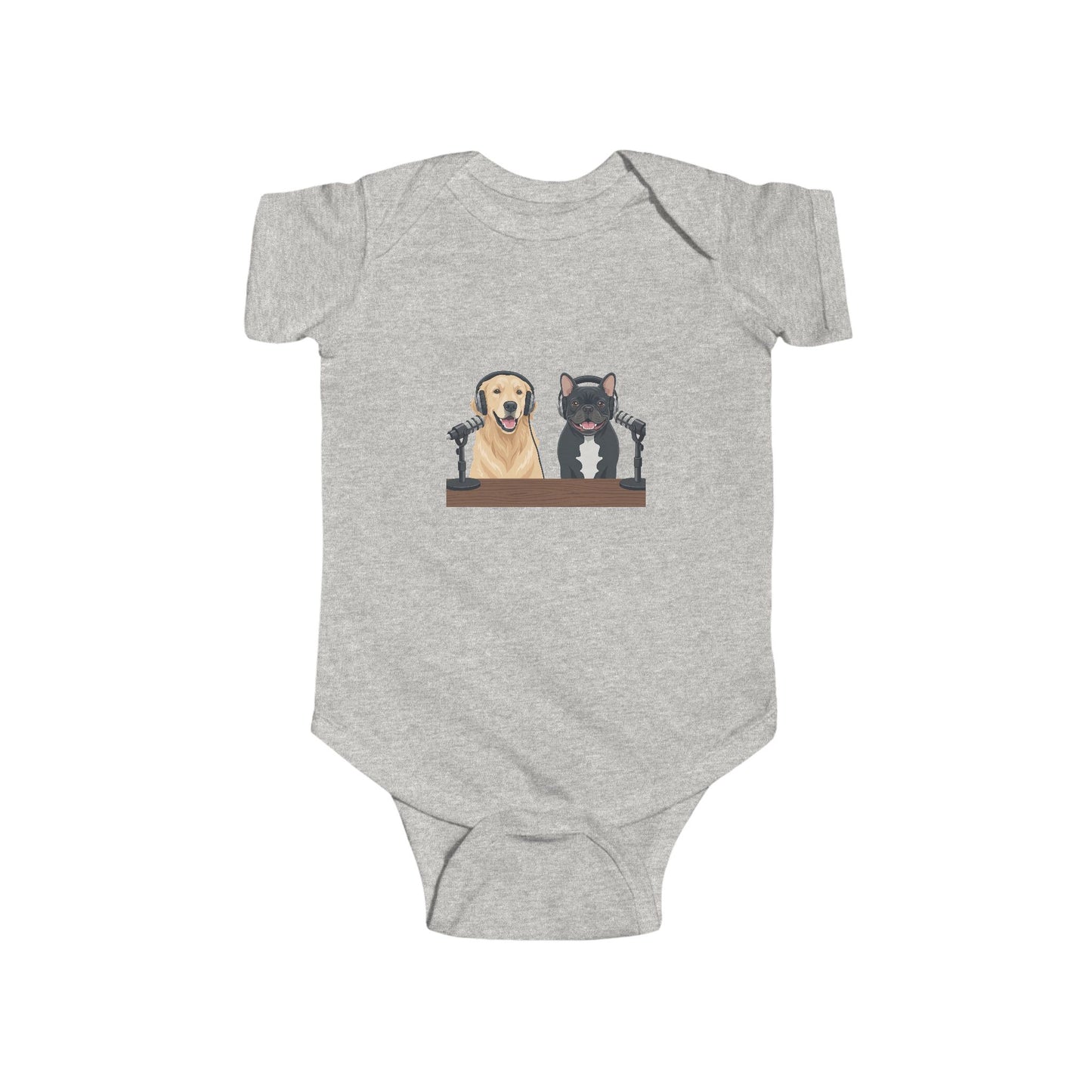 Baby Bodysuit with Animated Puppies Goldie & Frenchie — Infant Onesie Gift for New Parents and Dog Owners