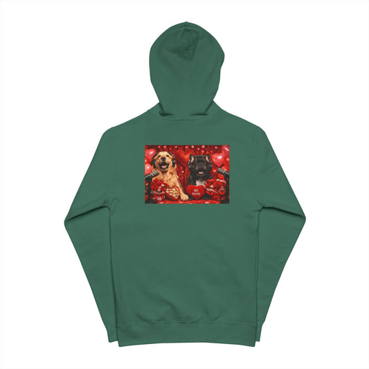 Goldie & Frenchie Valentines Day Zip-Up Hoodie — Front and Back with design on right sleeve