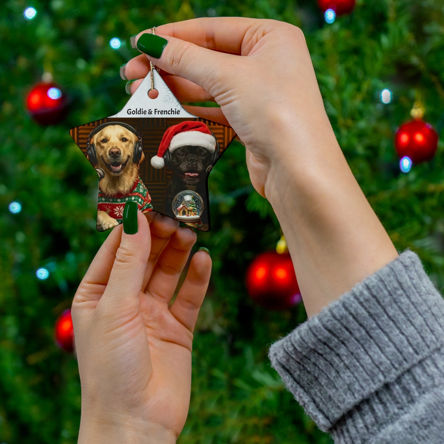 Goldie & Frenchie Christmas Ceramic Ornament