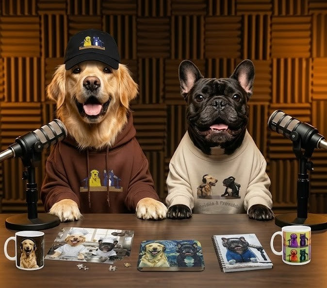 Load video: Goldie &amp; Frenchie see people in the wild wearing their faces on their stuff.