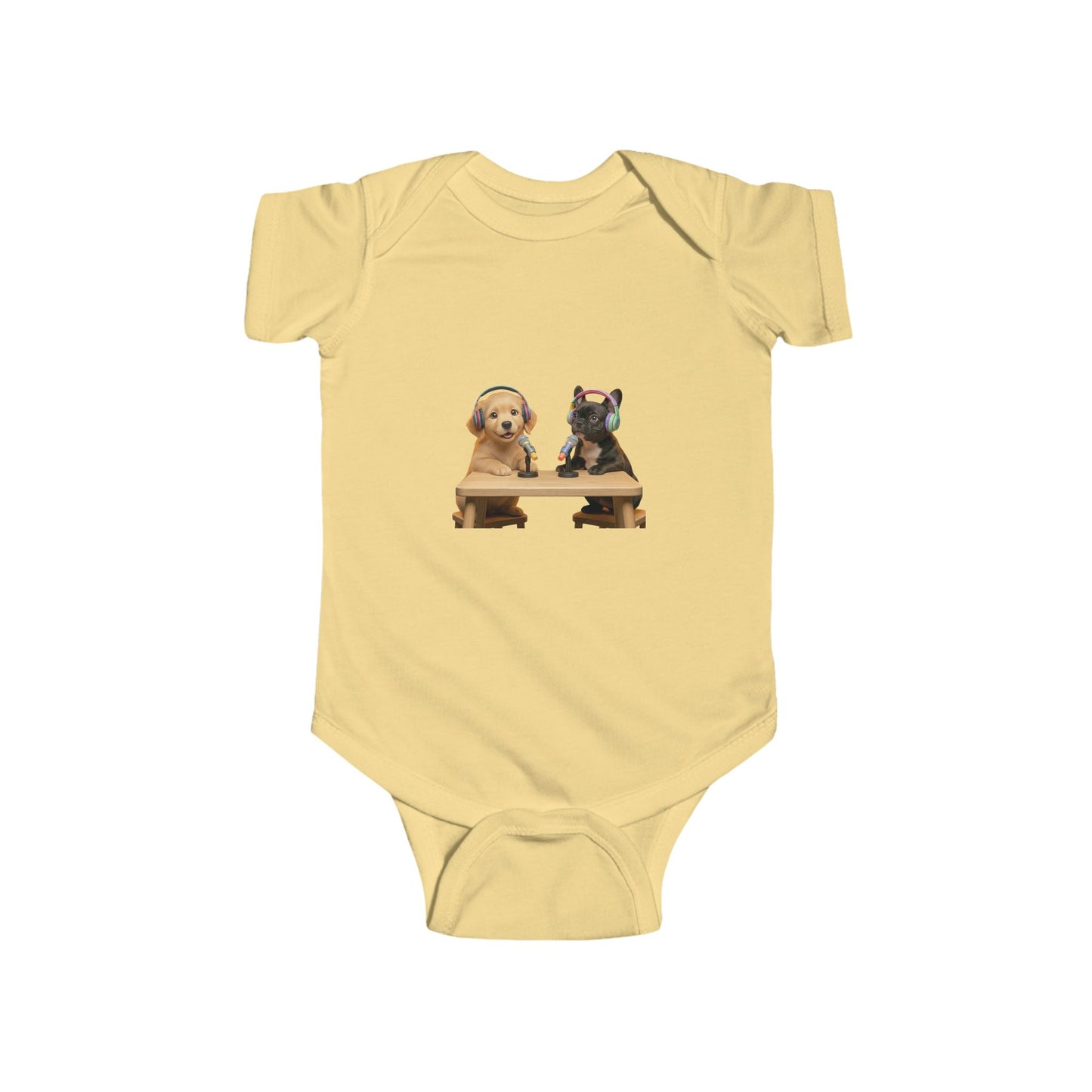 Baby Bodysuit with Puppies Goldie & Frenchie — Infant Onesie Gift for New Parents and Dog Owners