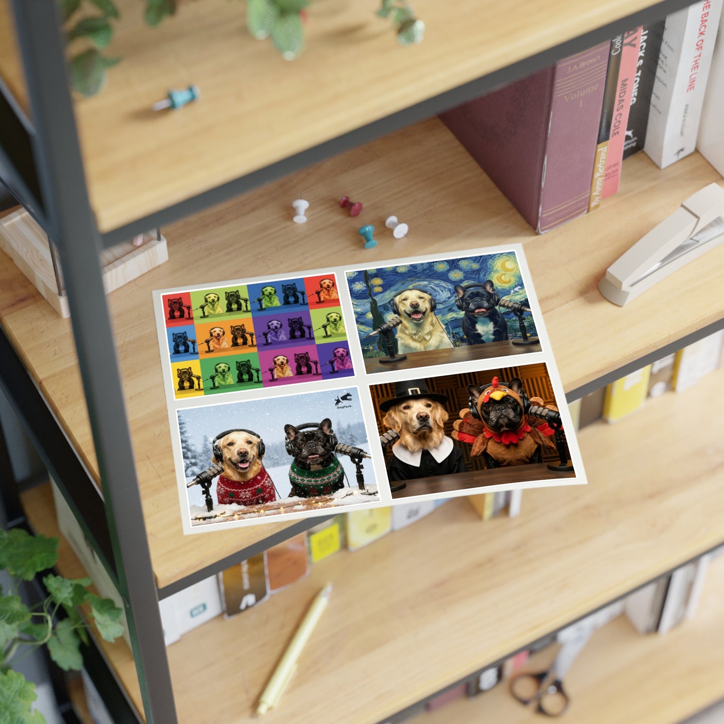 Goldie & Frenchie — Sheet of 4 Popular Stickers with backgrounds, Warhol, Van Gogh, Winter, Thanksgiving