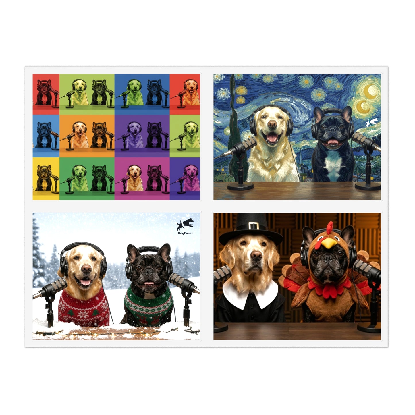 Goldie & Frenchie — Sheet of 4 Popular Stickers with backgrounds, Warhol, Van Gogh, Winter, Thanksgiving