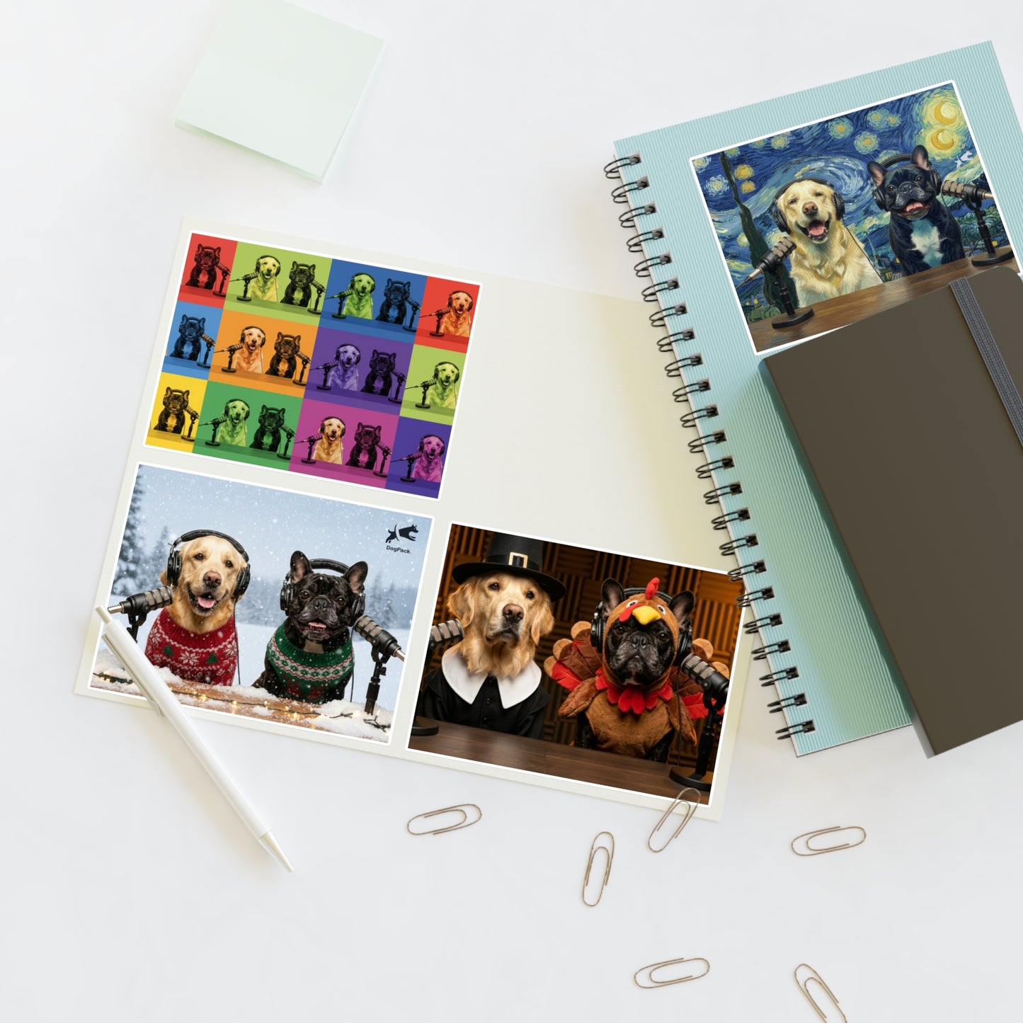 Goldie & Frenchie — Sheet of 4 Popular Stickers with backgrounds, Warhol, Van Gogh, Winter, Thanksgiving