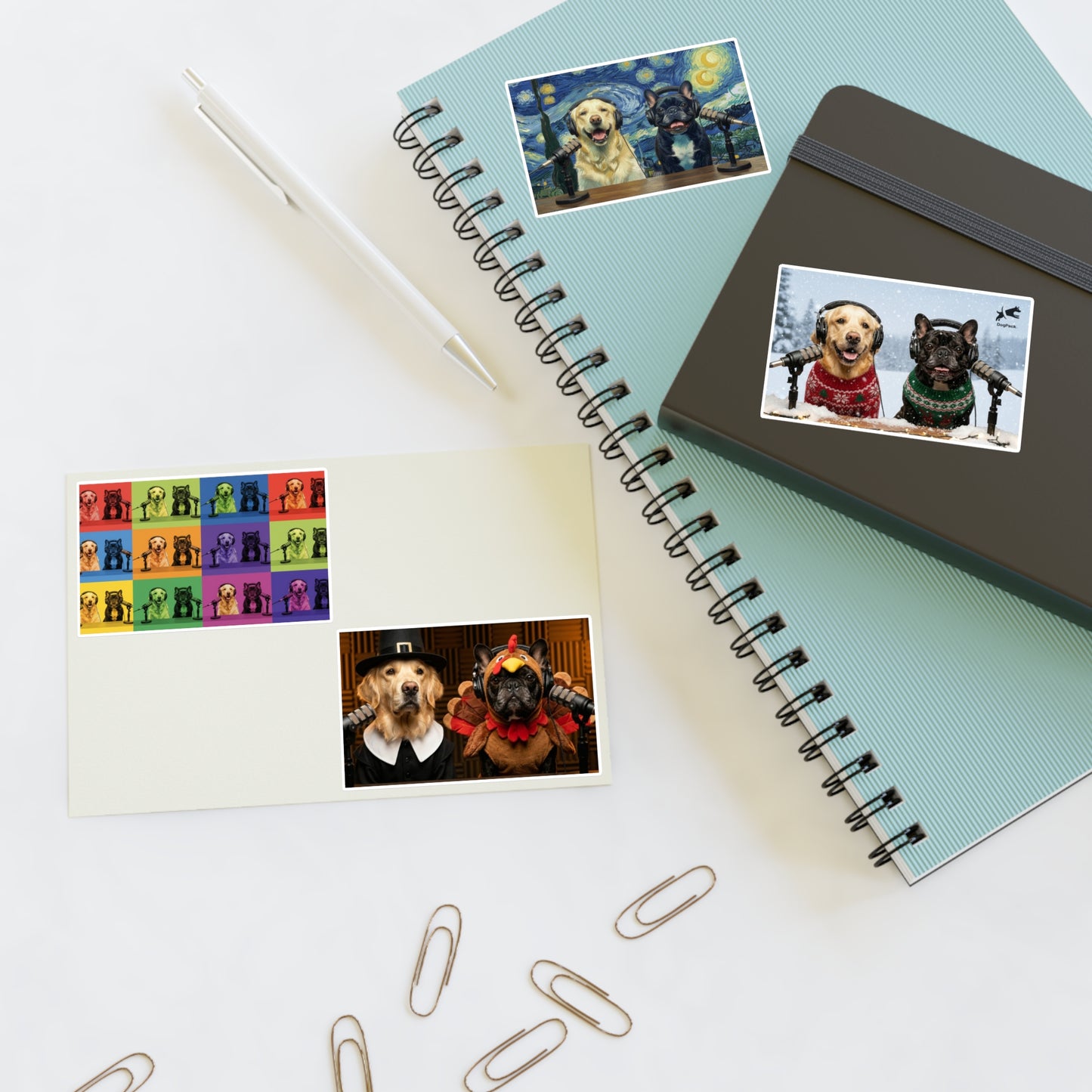 Goldie & Frenchie — Sheet of 4 Popular Stickers with backgrounds, Warhol, Van Gogh, Winter, Thanksgiving