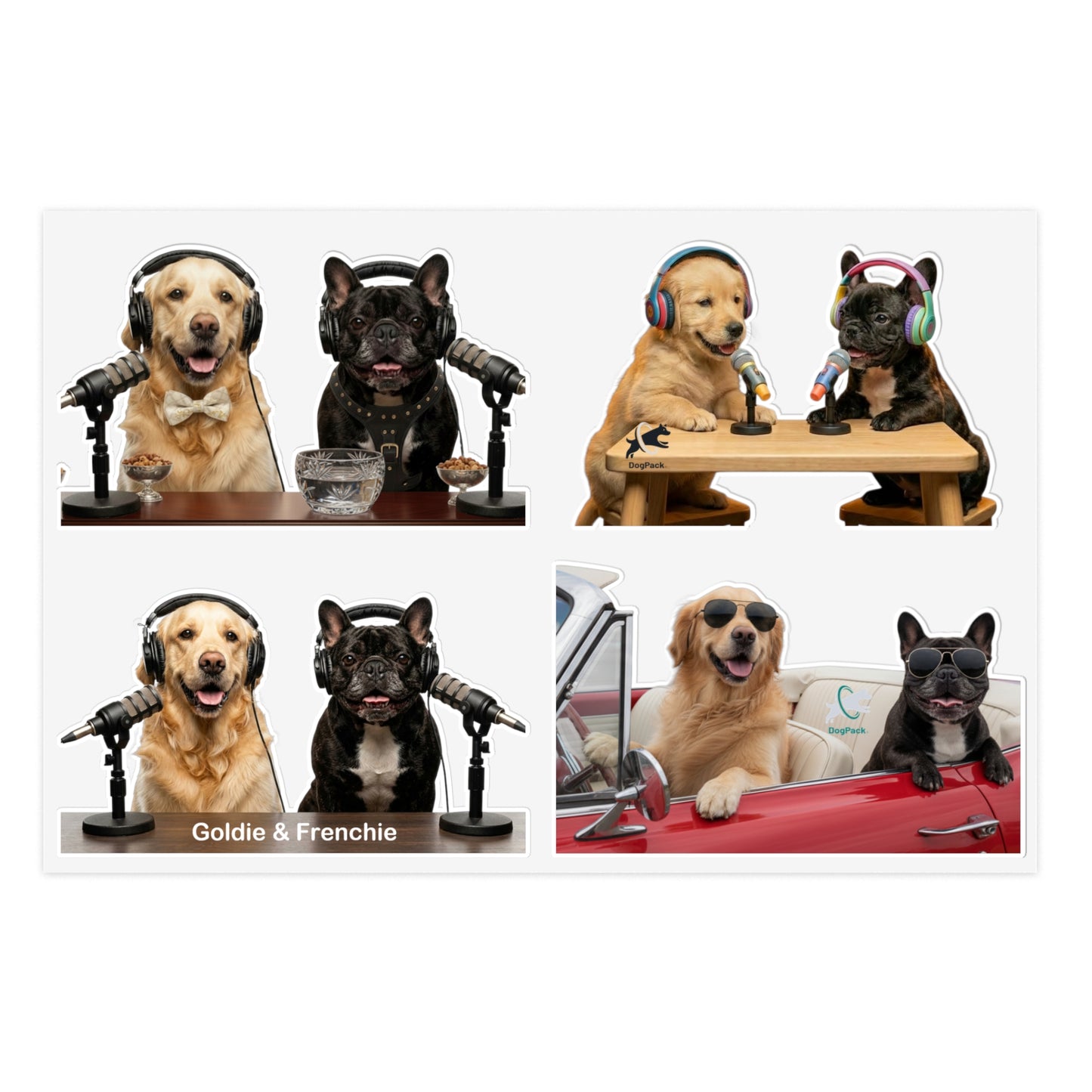 Goldie & Frenchie — Sheet of 4 Popular Stickers , Fancy, Puppies, Classic, Driving