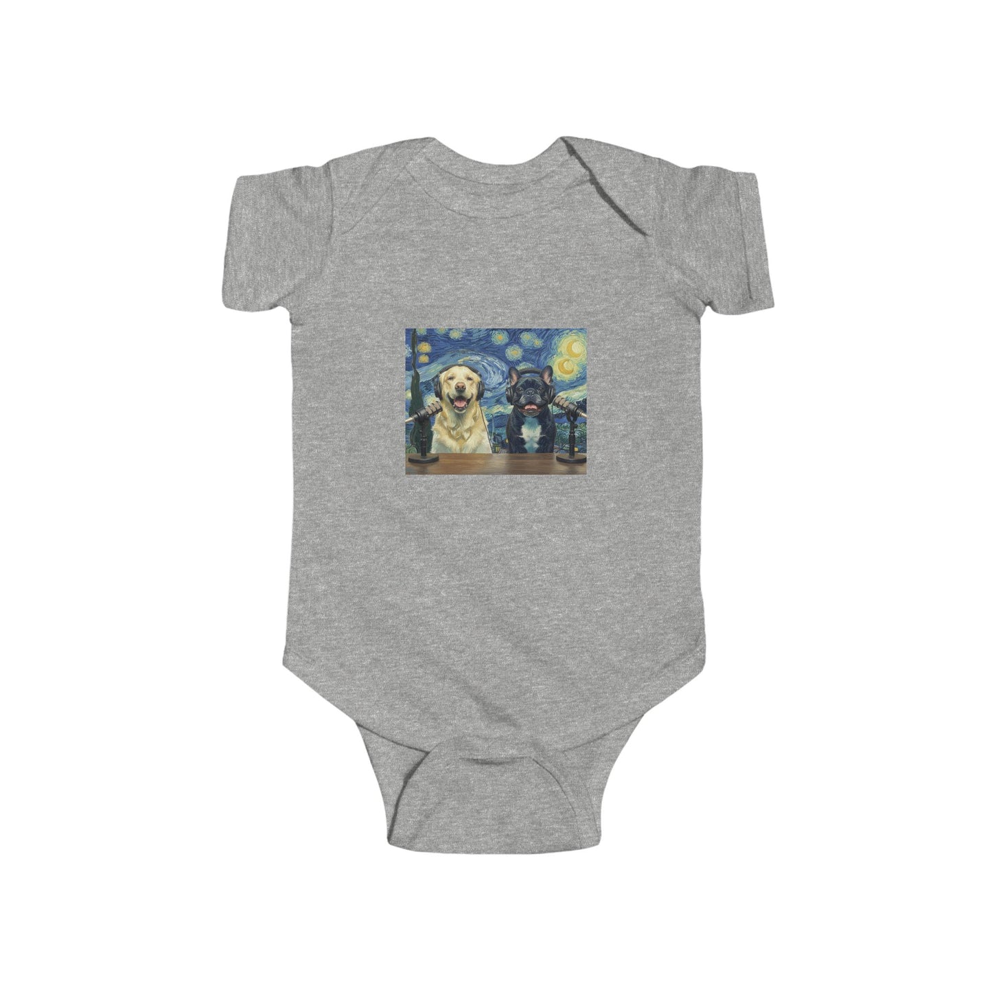Baby Bodysuit with Goldie & Frenchie 'Van Gogh Starry Night' — Infant Onesie Gift for New Parents and Dog Owners