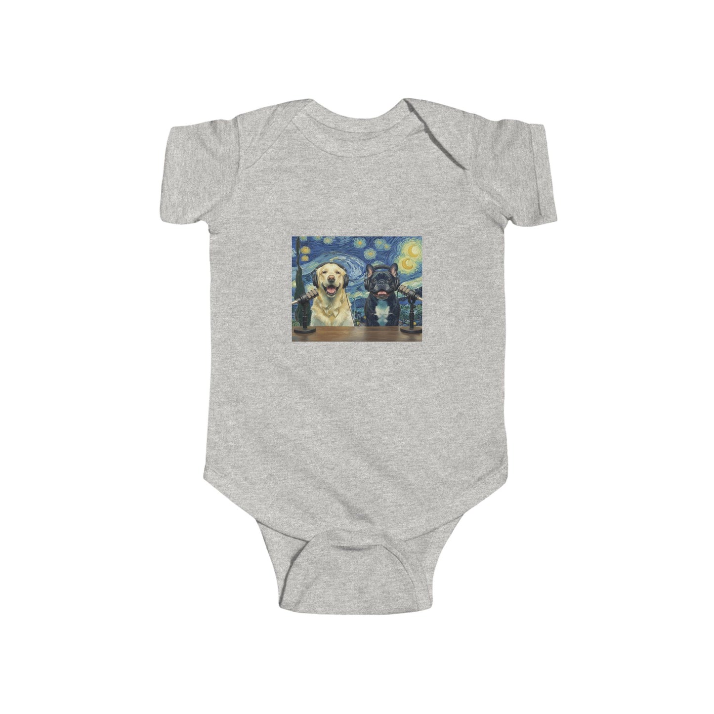 Baby Bodysuit with Goldie & Frenchie 'Van Gogh Starry Night' — Infant Onesie Gift for New Parents and Dog Owners