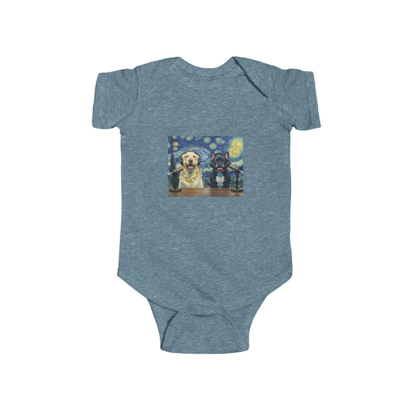 Baby Bodysuit with Goldie & Frenchie 'Van Gogh Starry Night' — Infant Onesie Gift for New Parents and Dog Owners