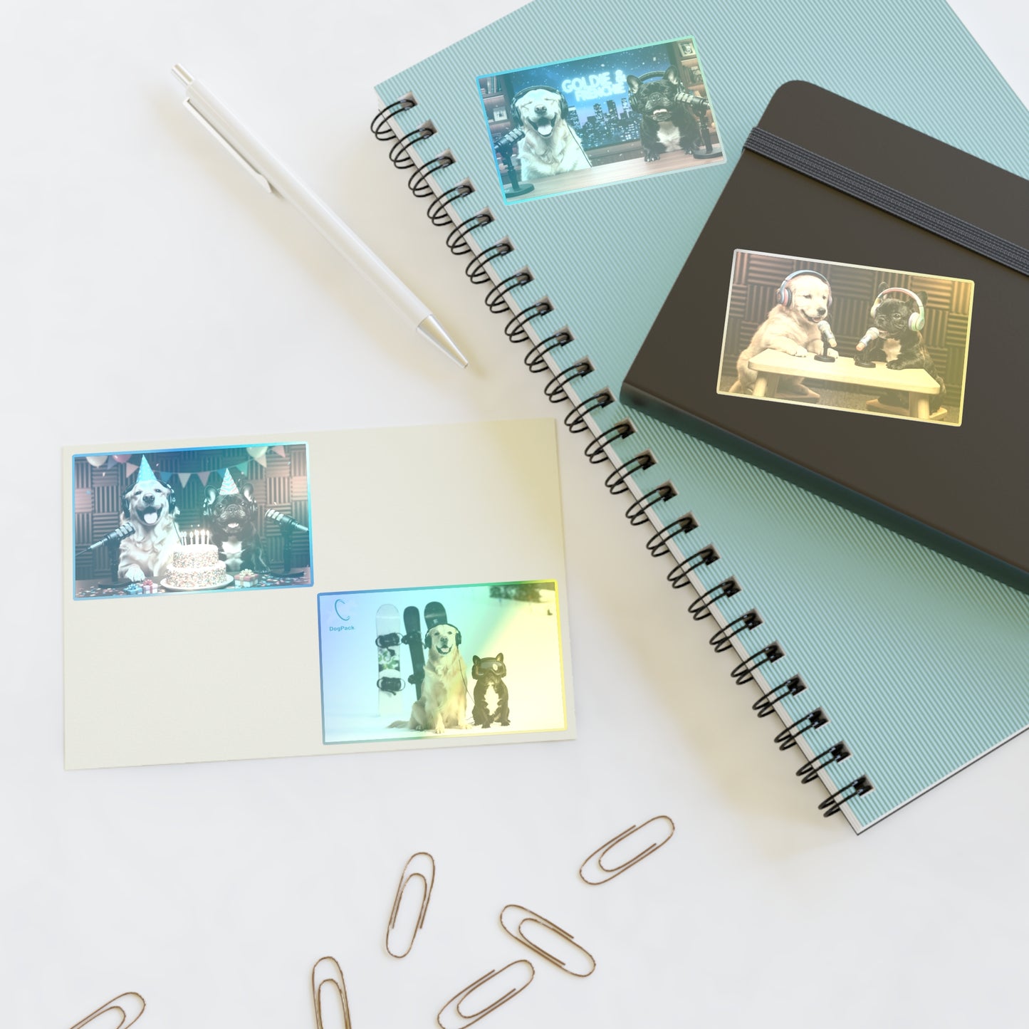 Goldie & Frenchie — Sheet of 4 Popular Stickers with backgrounds, Celebration, Talk Show, Snowboarding, Puppies