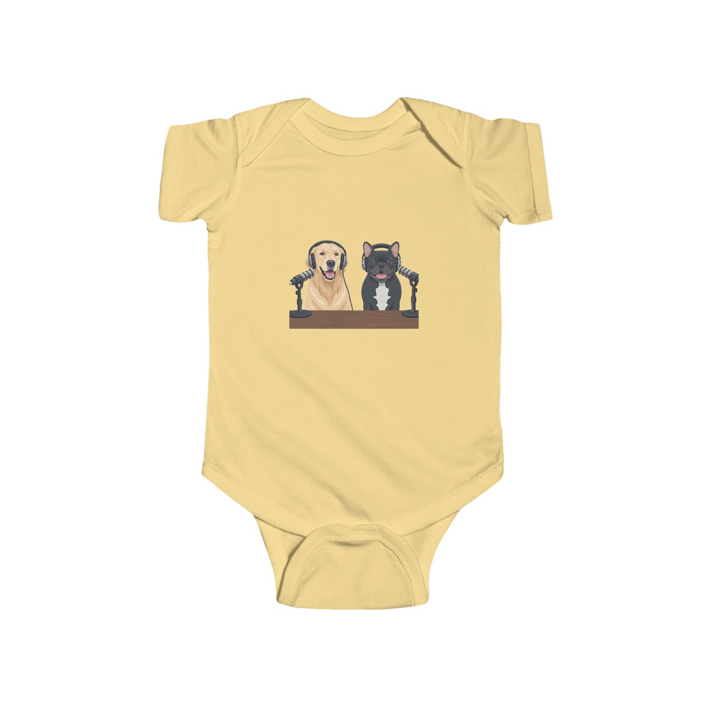 Baby Bodysuit with Animated Puppies Goldie & Frenchie — Infant Onesie Gift for New Parents and Dog Owners