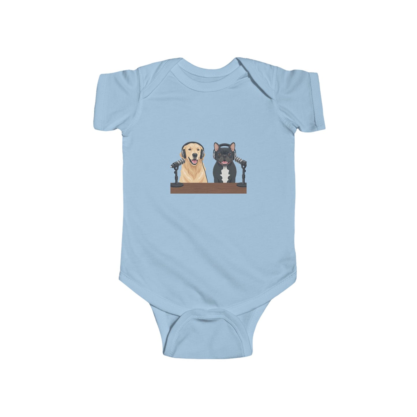Baby Bodysuit with Animated Puppies Goldie & Frenchie — Infant Onesie Gift for New Parents and Dog Owners