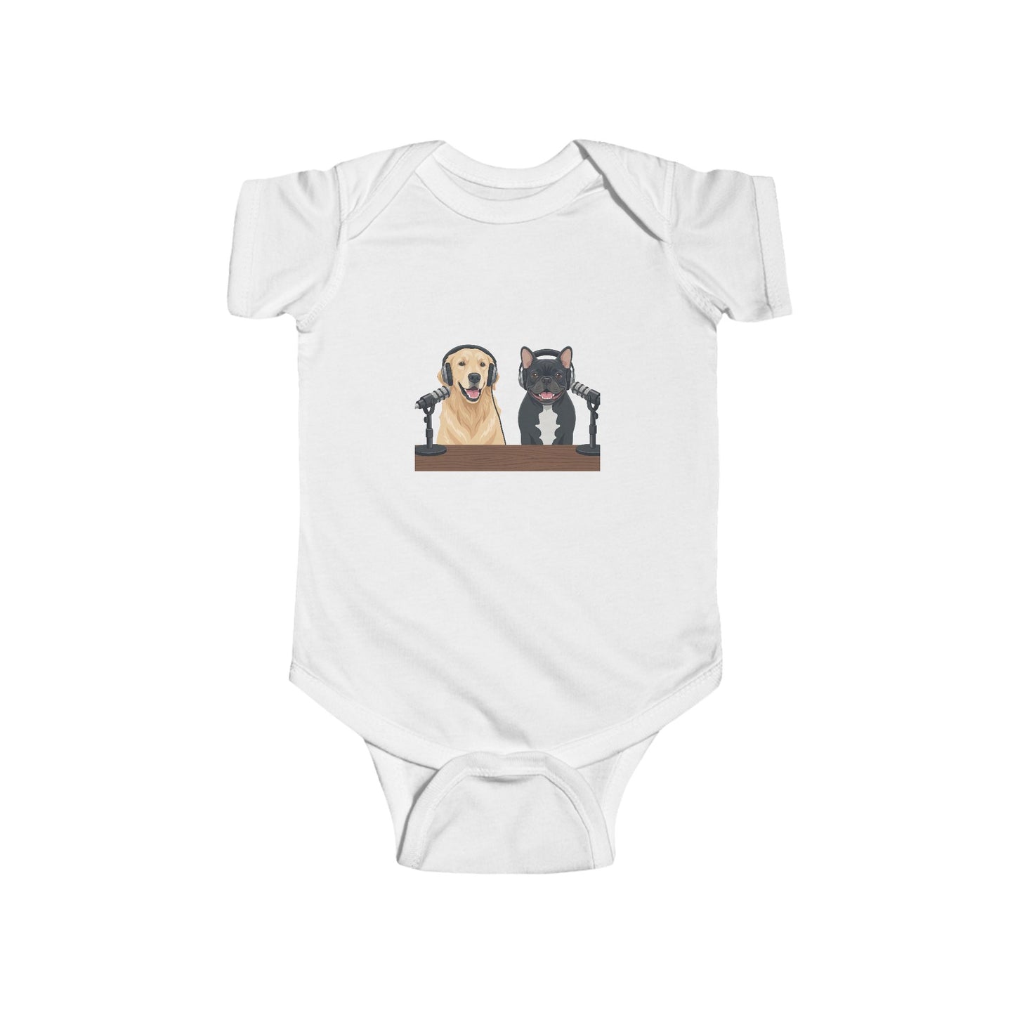 Baby Bodysuit with Animated Puppies Goldie & Frenchie — Infant Onesie Gift for New Parents and Dog Owners