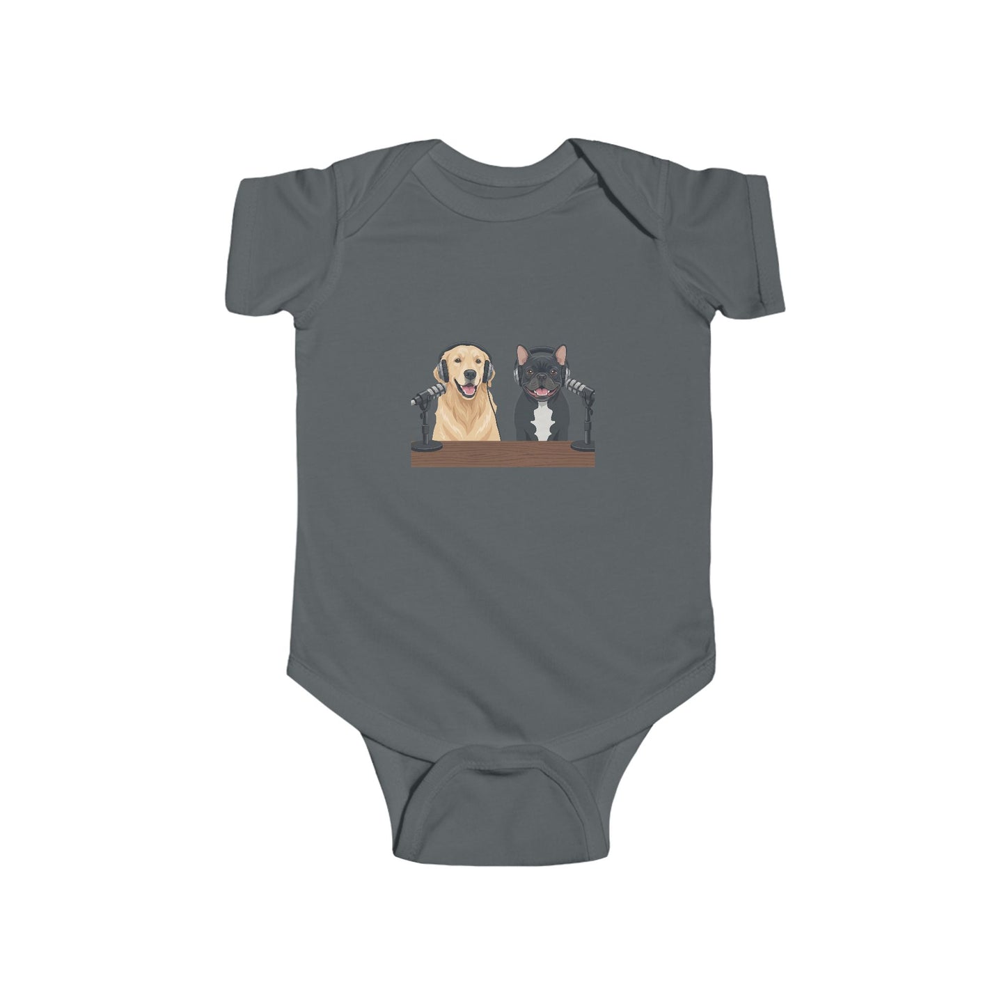 Baby Bodysuit with Animated Puppies Goldie & Frenchie — Infant Onesie Gift for New Parents and Dog Owners