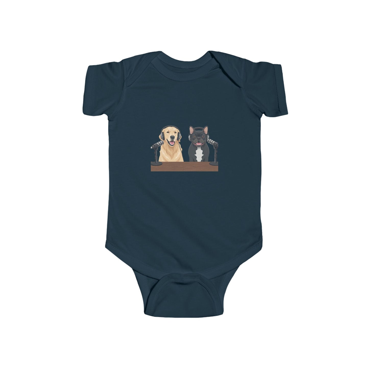 Baby Bodysuit with Animated Puppies Goldie & Frenchie — Infant Onesie Gift for New Parents and Dog Owners