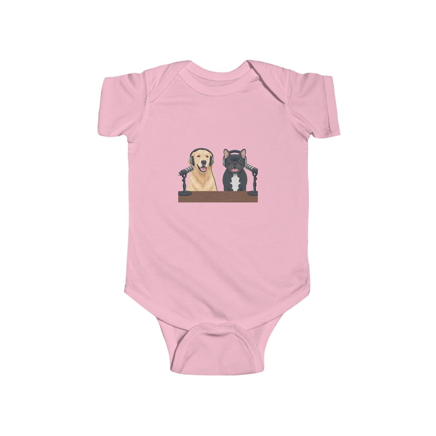 Baby Bodysuit with Animated Puppies Goldie & Frenchie — Infant Onesie Gift for New Parents and Dog Owners