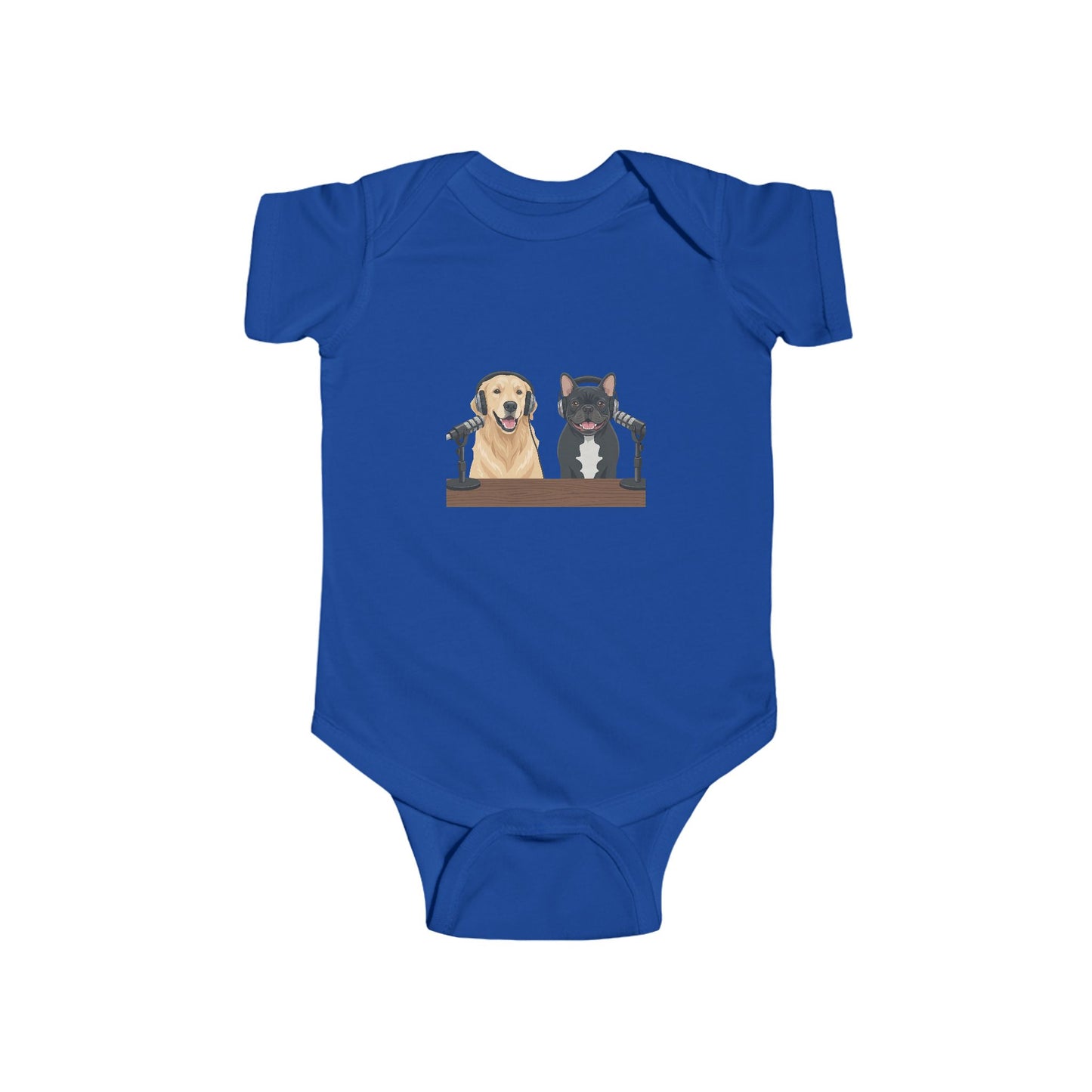 Baby Bodysuit with Animated Puppies Goldie & Frenchie — Infant Onesie Gift for New Parents and Dog Owners