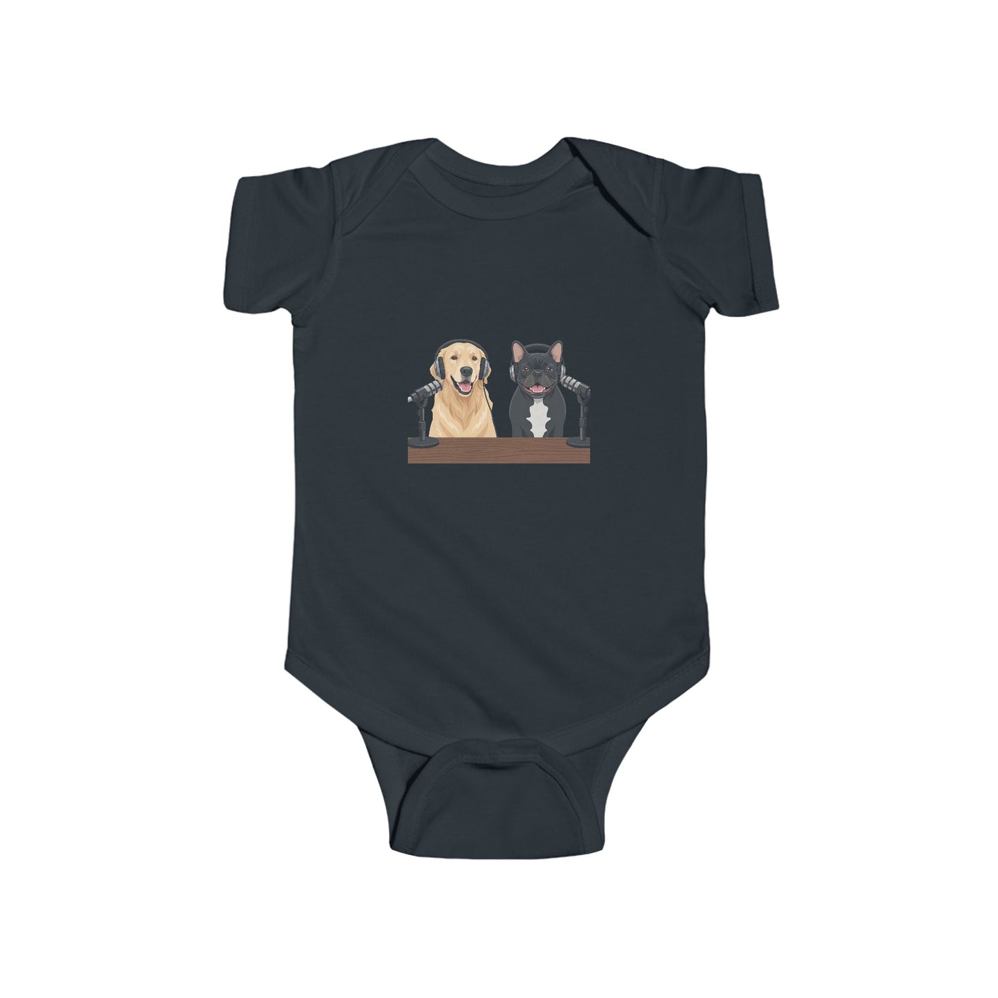 Baby Bodysuit with Animated Puppies Goldie & Frenchie — Infant Onesie Gift for New Parents and Dog Owners