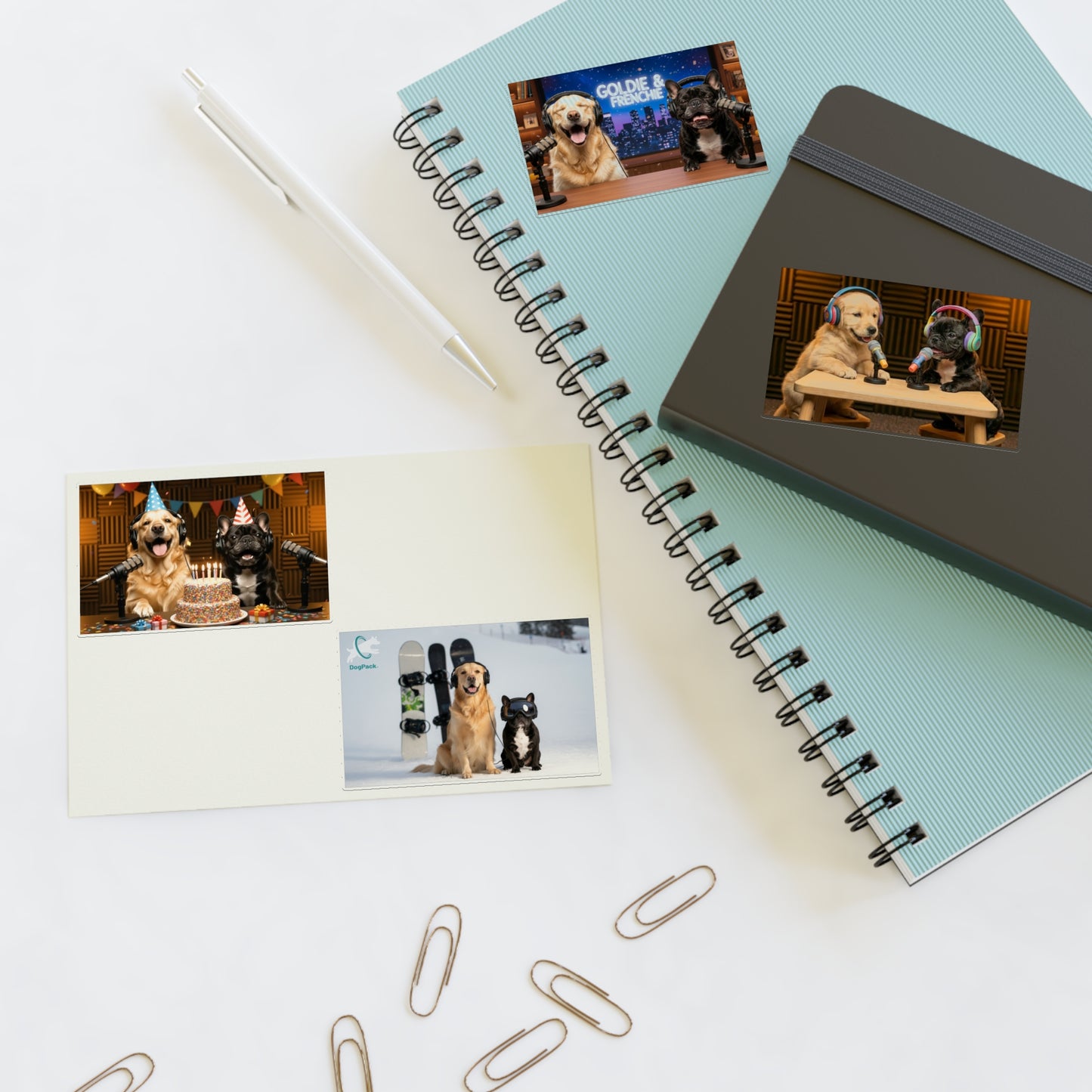 Goldie & Frenchie — Sheet of 4 Popular Stickers with backgrounds, Celebration, Talk Show, Snowboarding, Puppies