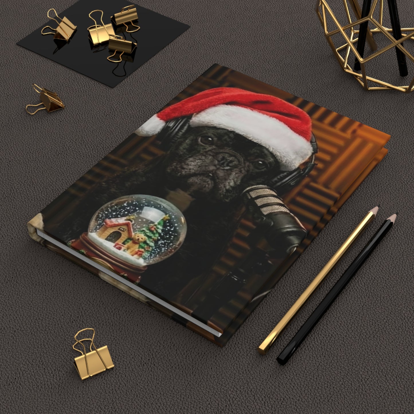 Goldie & Frenchie Christmas Hardcover Journal — Festive Santa Hat & Sweater Notebook
