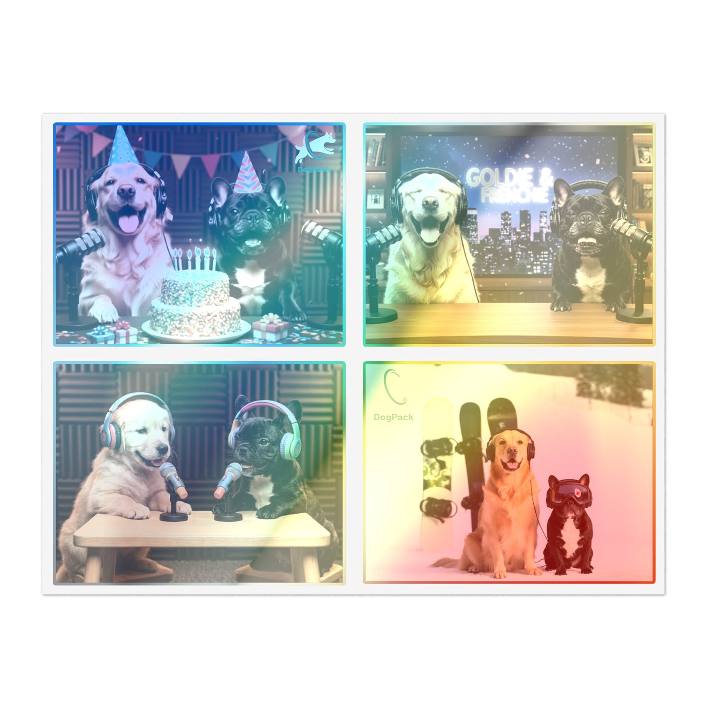 Goldie & Frenchie — Sheet of 4 Popular Stickers with backgrounds, Celebration, Talk Show, Snowboarding, Puppies
