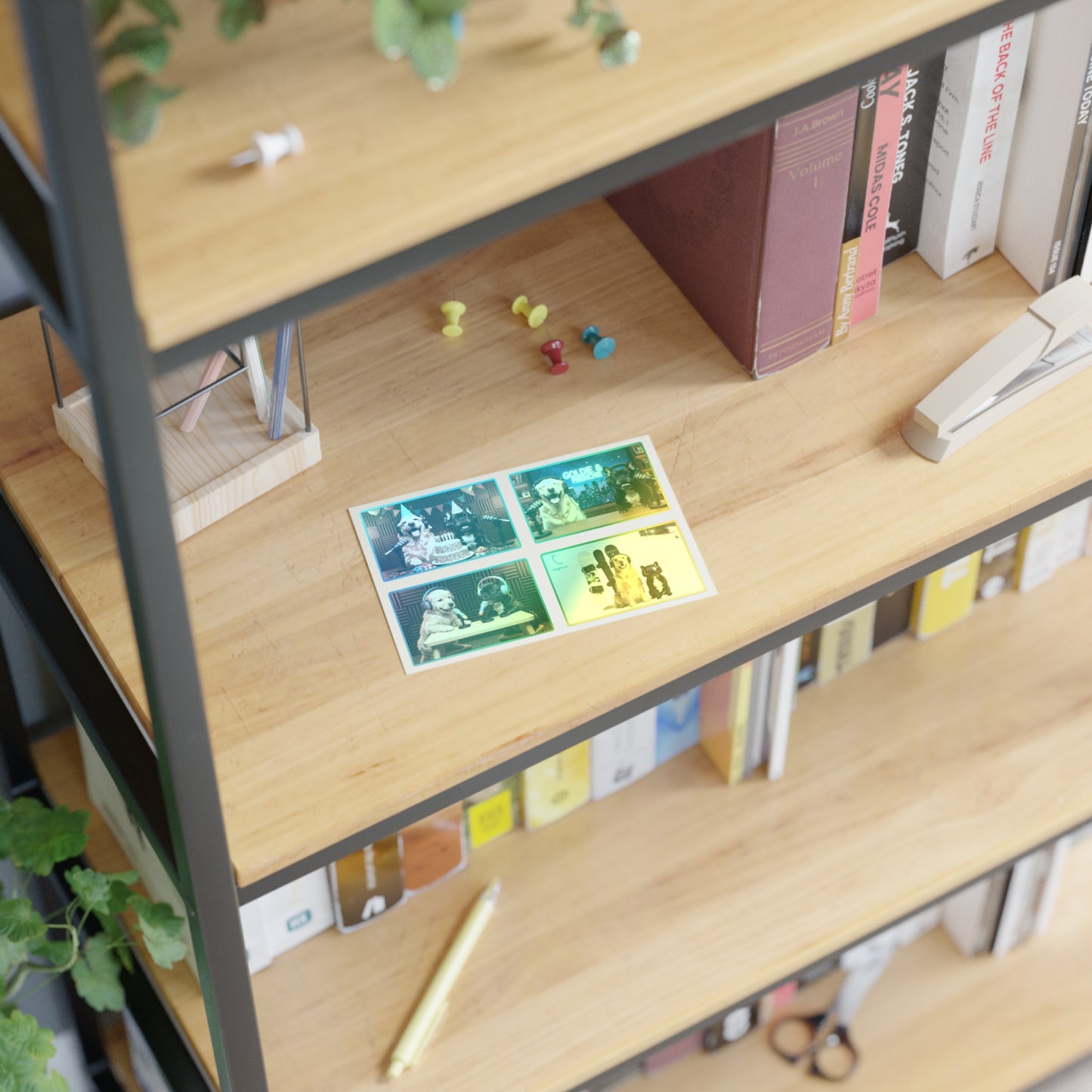 Goldie & Frenchie — Sheet of 4 Popular Stickers with backgrounds, Celebration, Talk Show, Snowboarding, Puppies