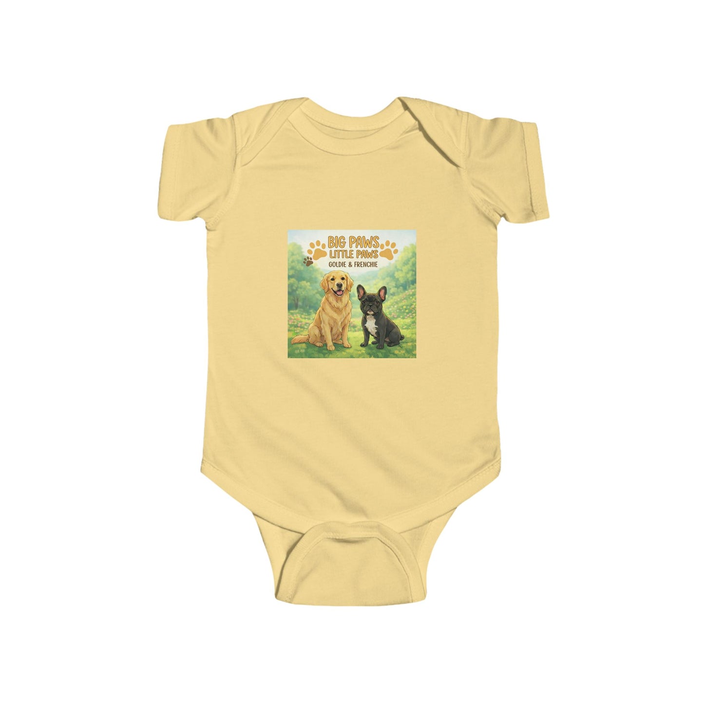 Baby Bodysuit with Goldie & Frenchie 'Big Paws, Little Paws' — Infant Onesie Gift for New Parents and Dog Owners