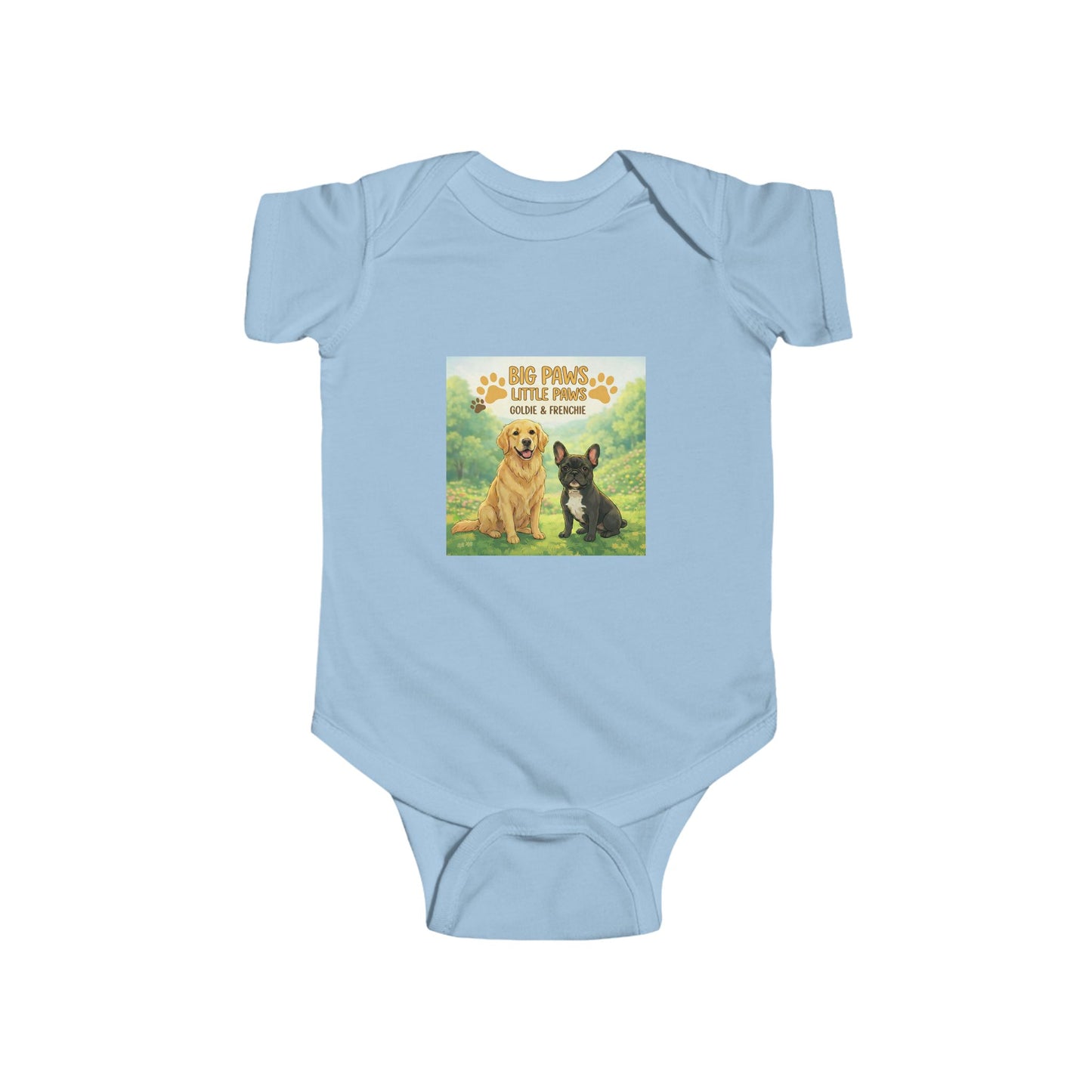 Baby Bodysuit with Goldie & Frenchie 'Big Paws, Little Paws' — Infant Onesie Gift for New Parents and Dog Owners