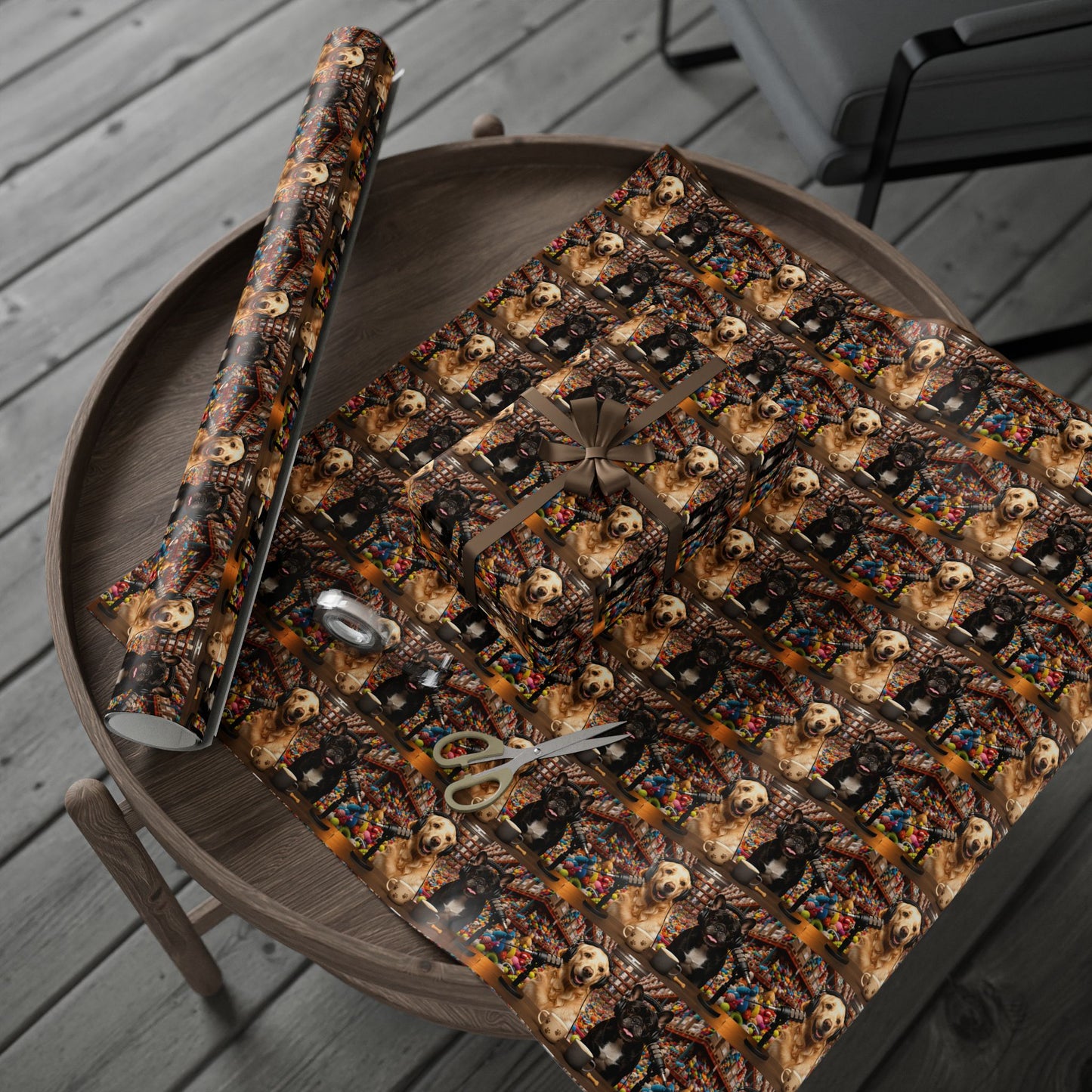 Goldie & Frenchie In the Marketplace Warehouse Wrapping Paper Roll — Colorful Dog Inspired Gift Wrap