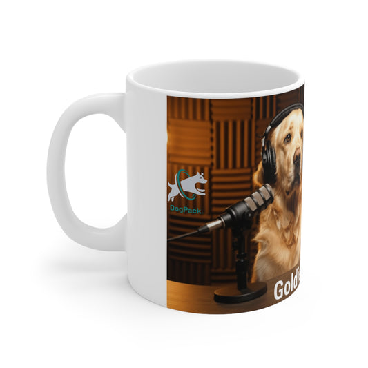 Goldie & Frenchie Text + Background Dog Podcast Coffee Mug — 11oz Quality Ceramic - Ships from Australia + New Zealand