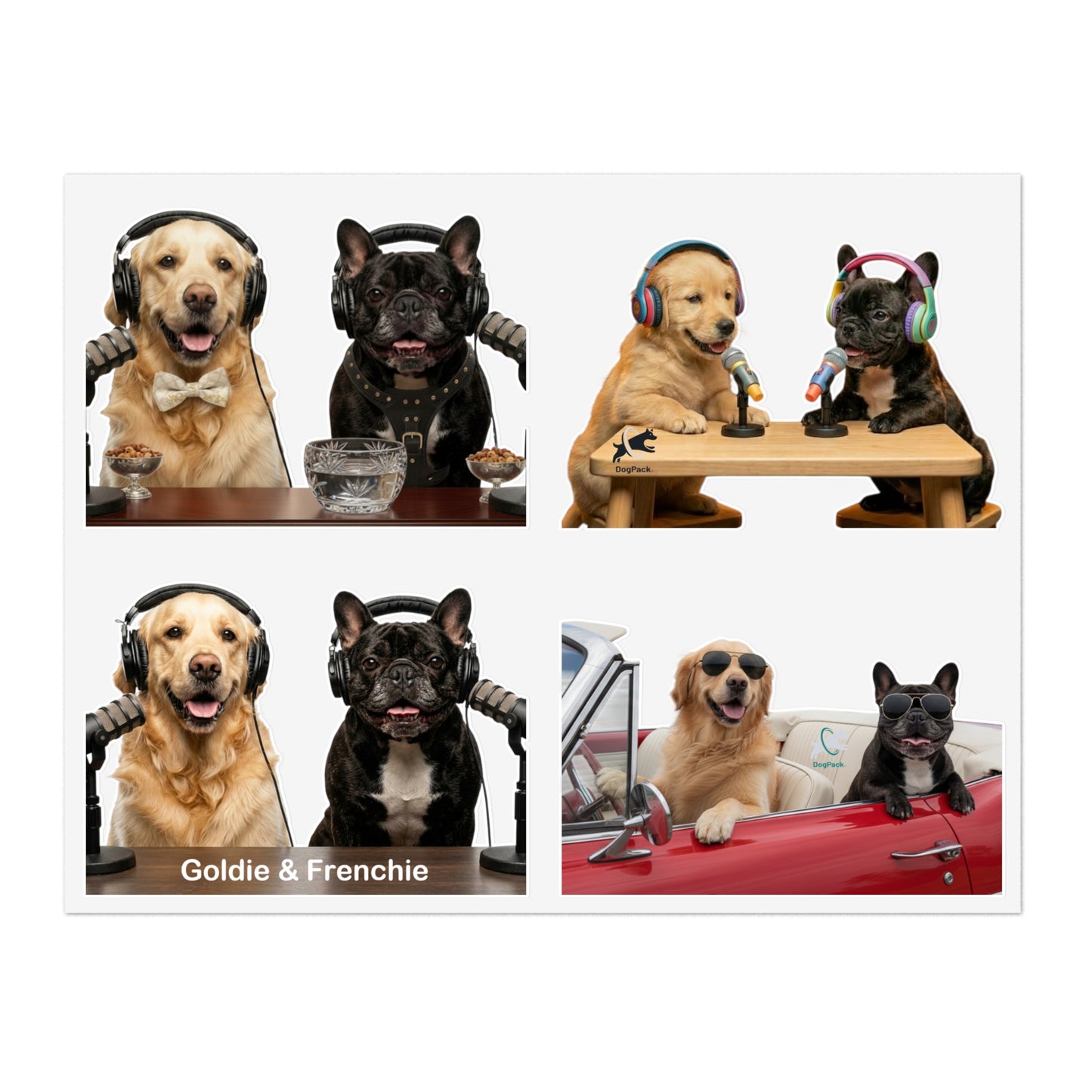 Goldie & Frenchie — Sheet of 4 Popular Stickers , Fancy, Puppies, Classic, Driving
