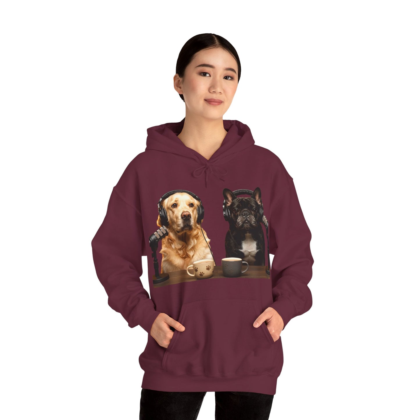 Goldie & Frenchie Dog Podcast with Coffee Mugs Hoodie — Front & Back Print - Ships from United Kingdom