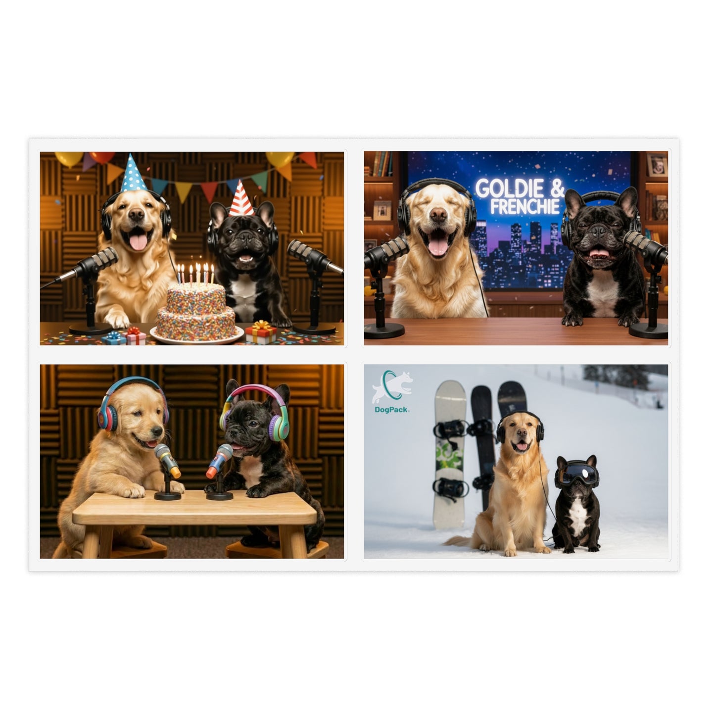 Goldie & Frenchie — Sheet of 4 Popular Stickers with backgrounds, Celebration, Talk Show, Snowboarding, Puppies