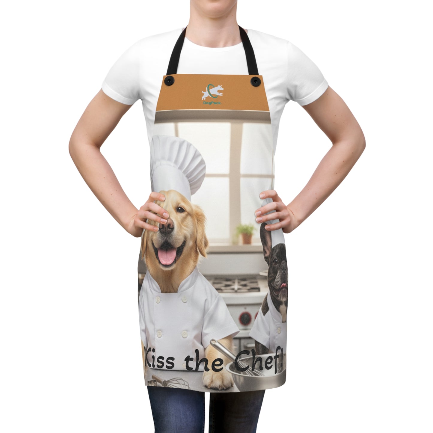 Dog Chef Apron - 'Kiss the Chef!' Cute Kitchen Apron with Dogs in Chef Hats