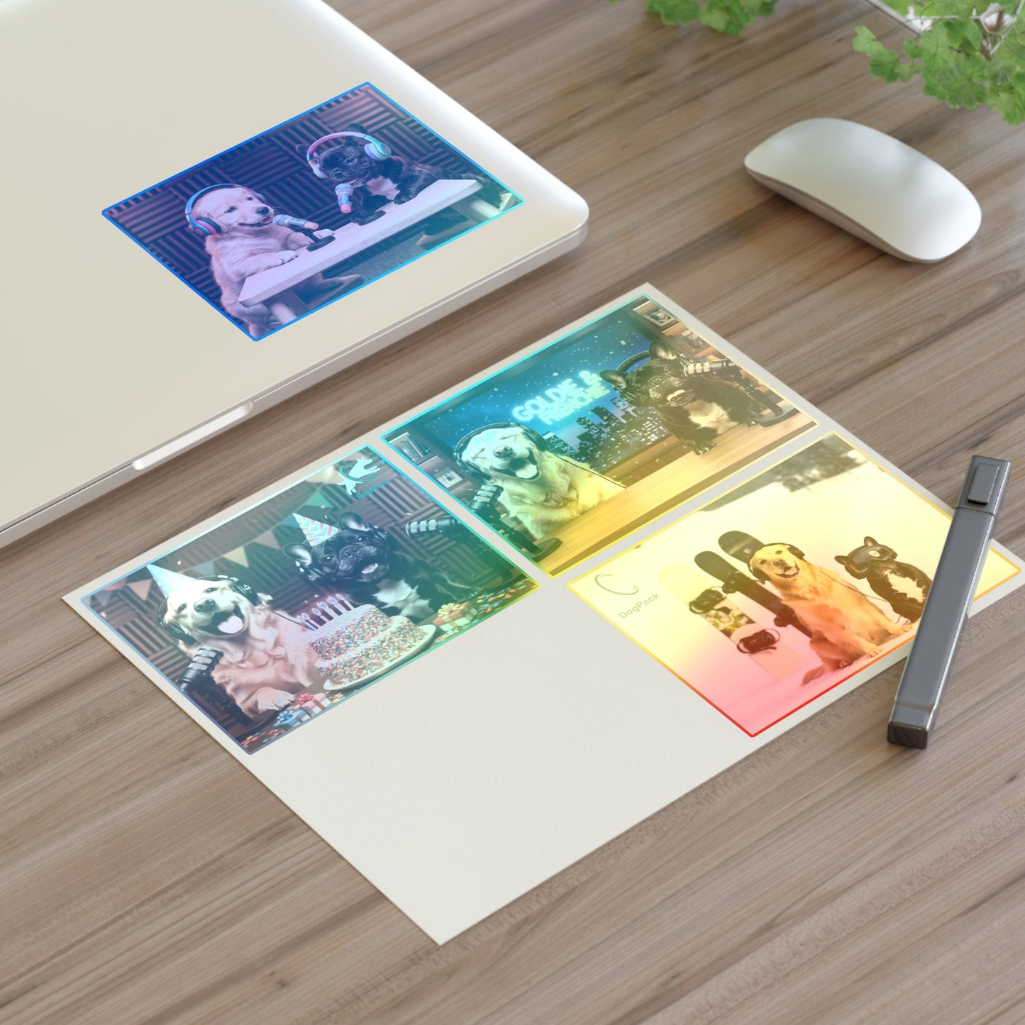 Goldie & Frenchie — Sheet of 4 Popular Stickers with backgrounds, Celebration, Talk Show, Snowboarding, Puppies