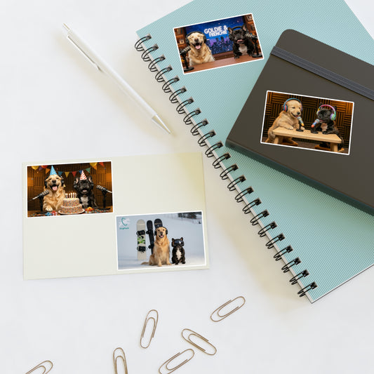 Goldie & Frenchie — Sheet of 4 Popular Stickers with backgrounds, Celebration, Talk Show, Snowboarding, Puppies