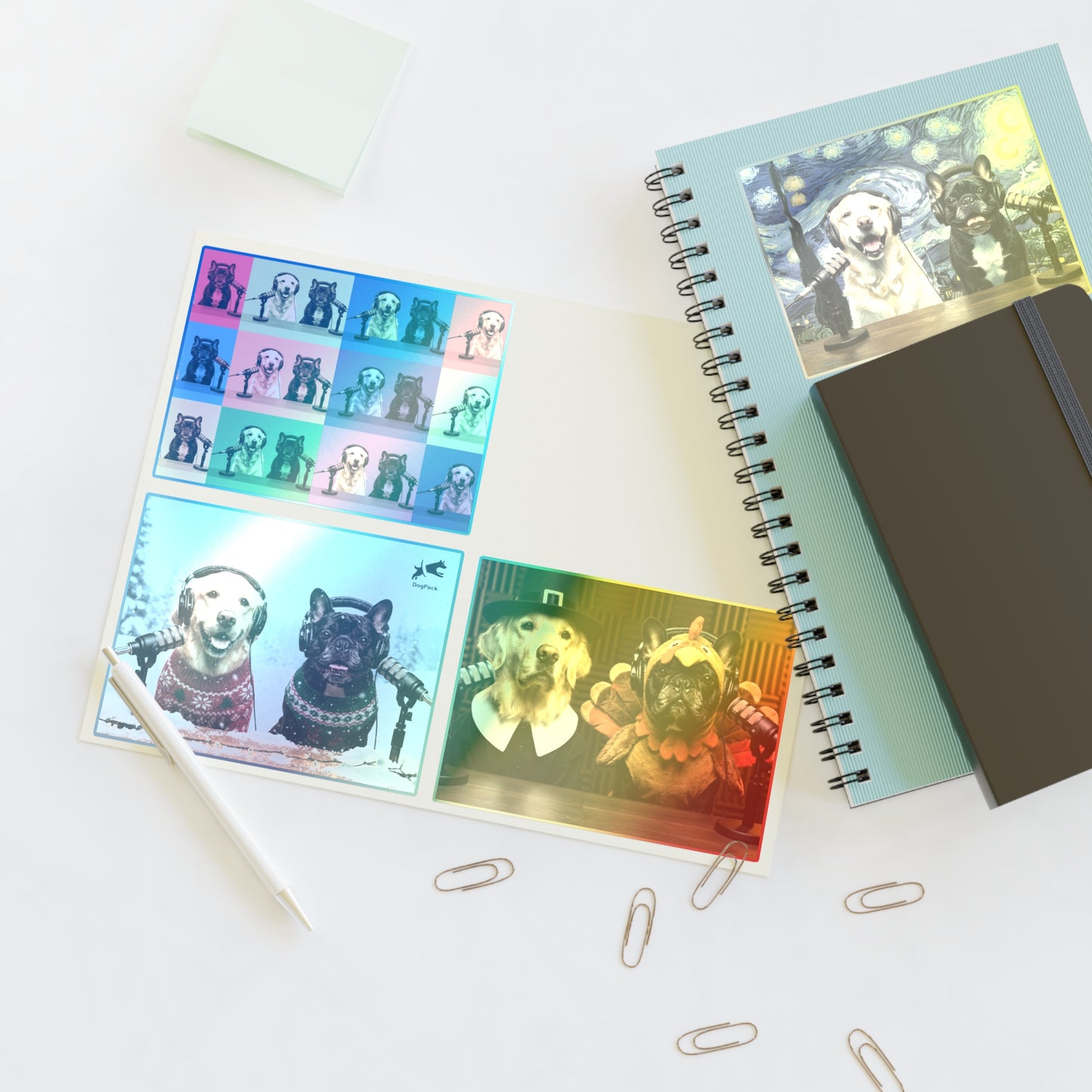 Goldie & Frenchie — Sheet of 4 Popular Stickers with backgrounds, Warhol, Van Gogh, Winter, Thanksgiving