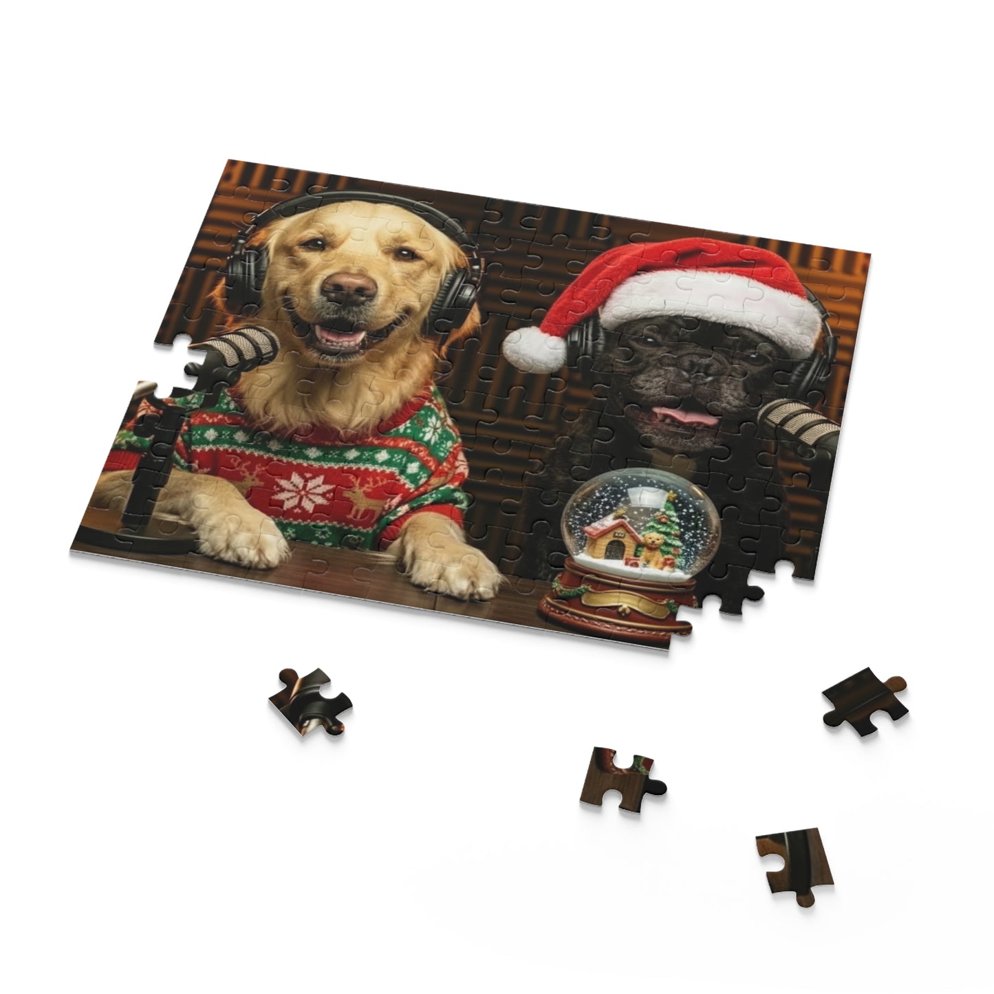 Goldie & Frenchie Dressed up in Christmas Theme Podcast Dogs Jigsaw Puzzle — (120/252/500 pcs)