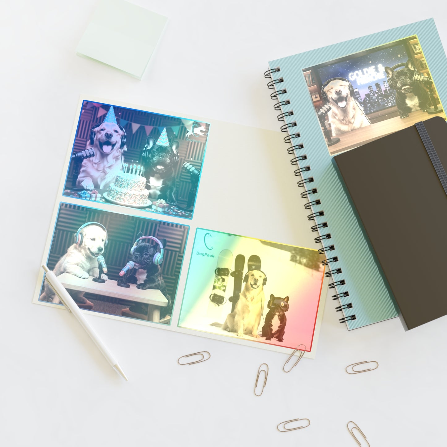 Goldie & Frenchie — Sheet of 4 Popular Stickers with backgrounds, Celebration, Talk Show, Snowboarding, Puppies