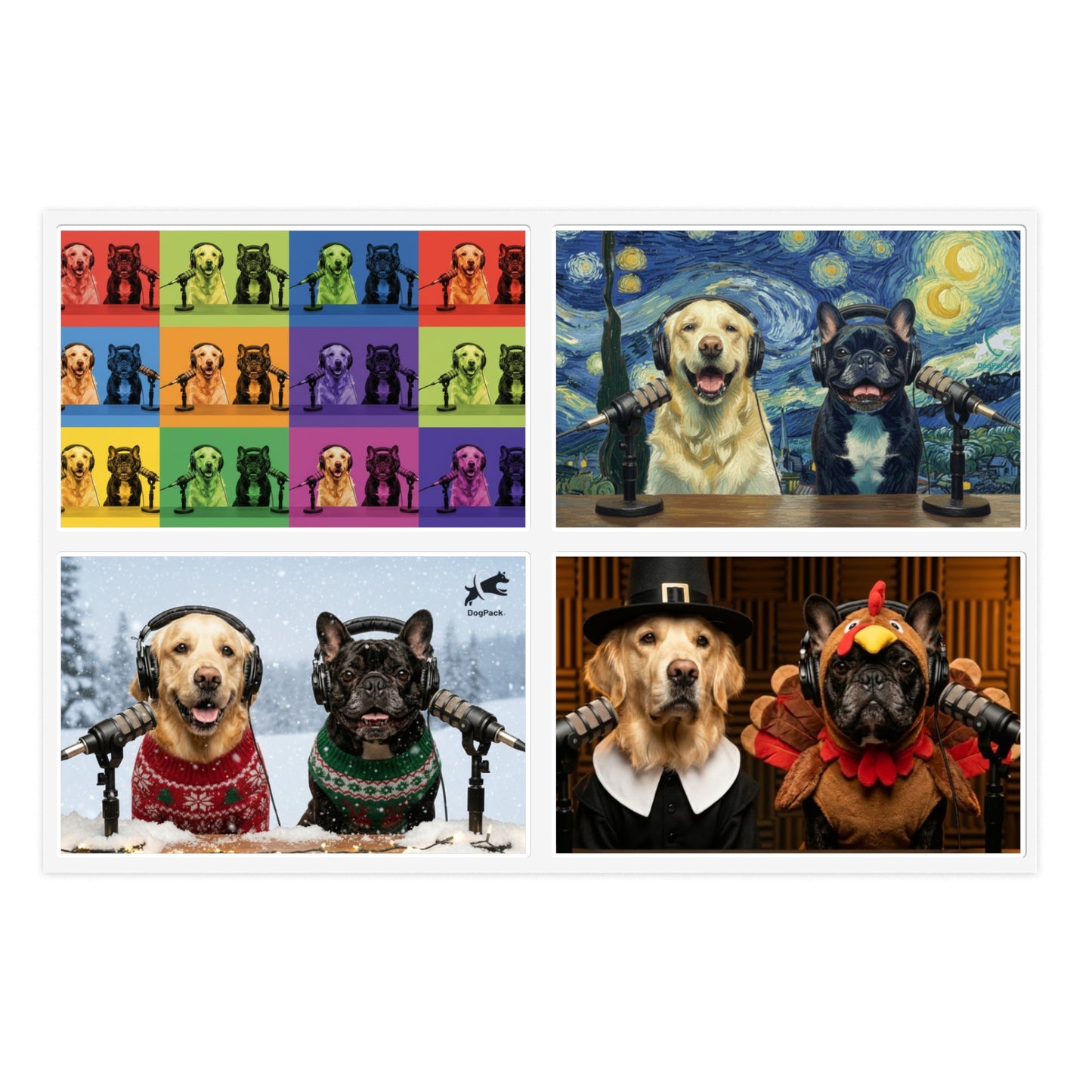 Goldie & Frenchie — Sheet of 4 Popular Stickers with backgrounds, Warhol, Van Gogh, Winter, Thanksgiving