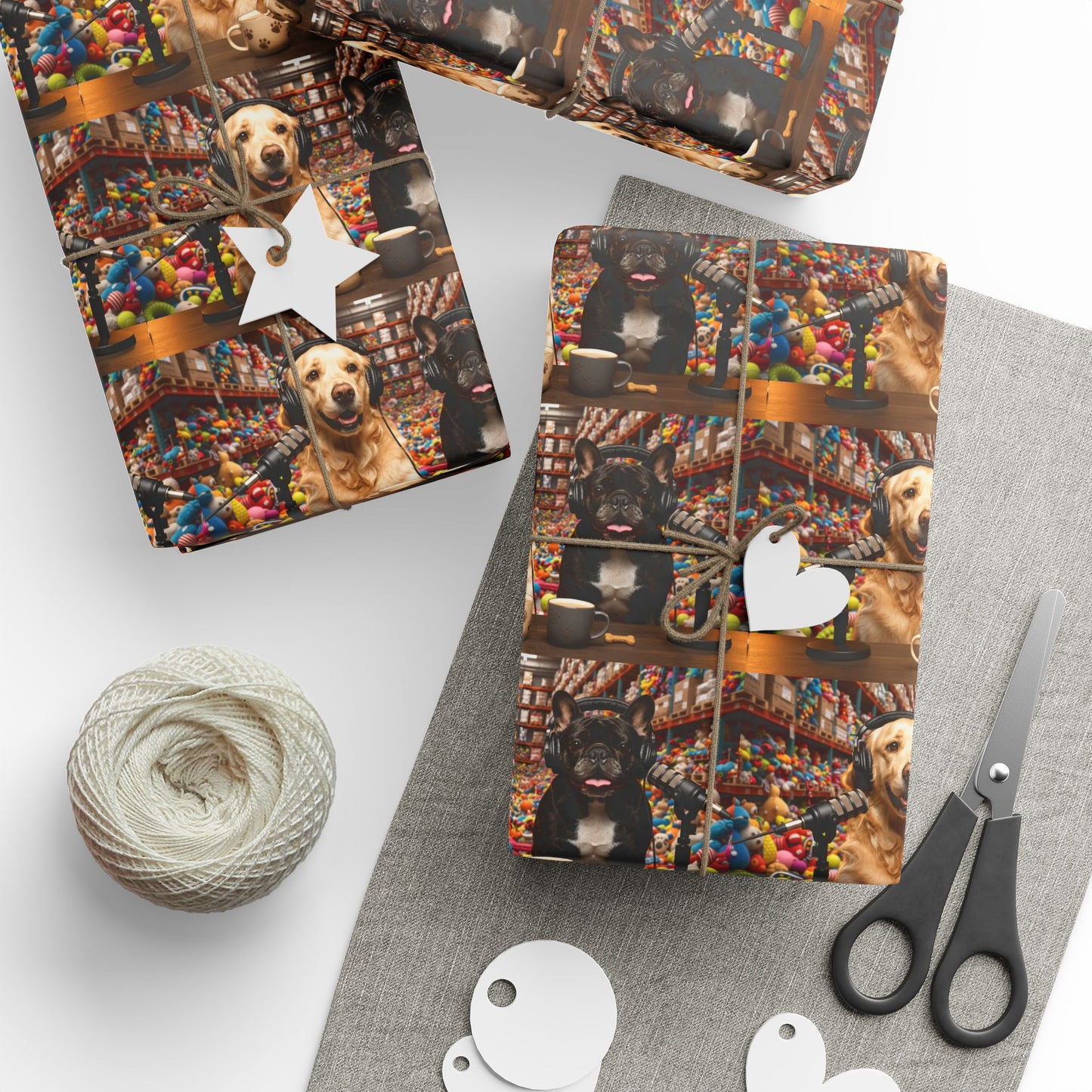 Goldie & Frenchie In the Marketplace Warehouse Wrapping Paper Roll — Colorful Dog Inspired Gift Wrap