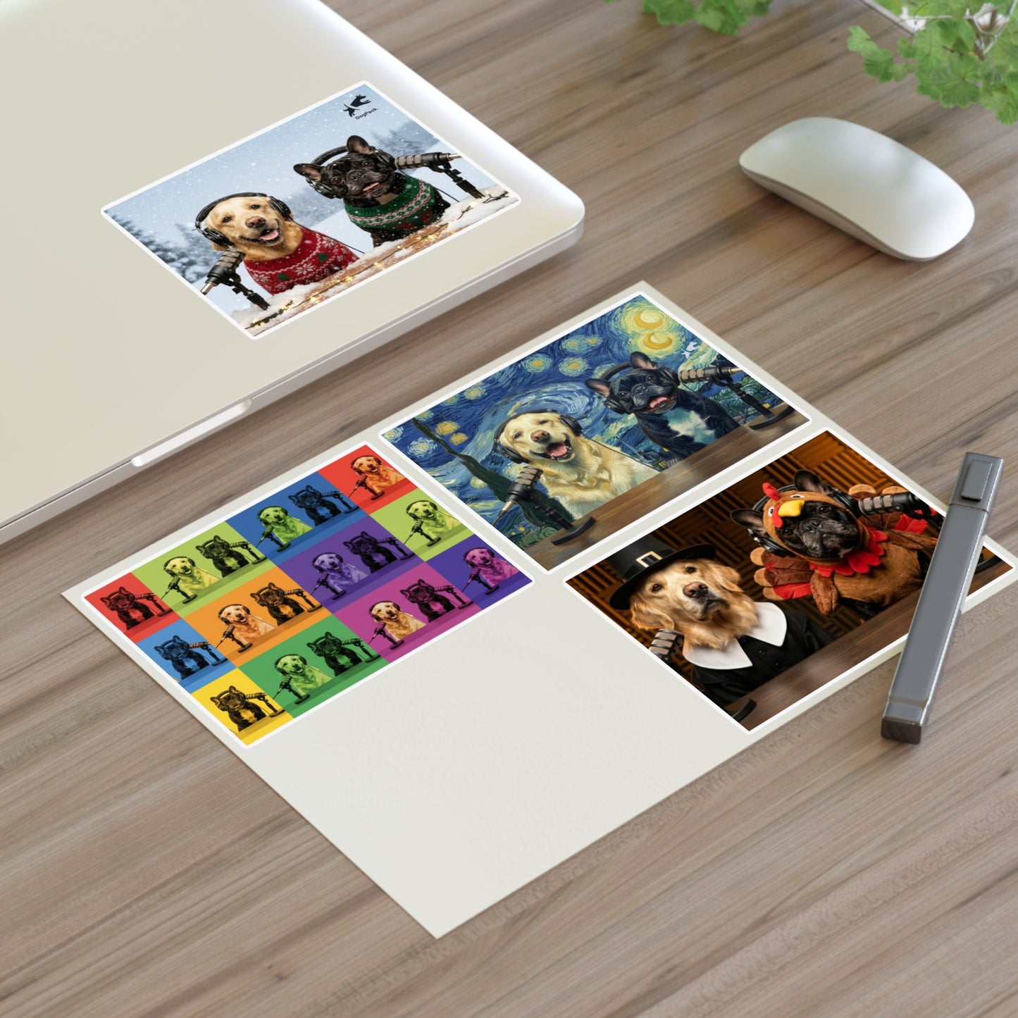 Goldie & Frenchie — Sheet of 4 Popular Stickers with backgrounds, Warhol, Van Gogh, Winter, Thanksgiving